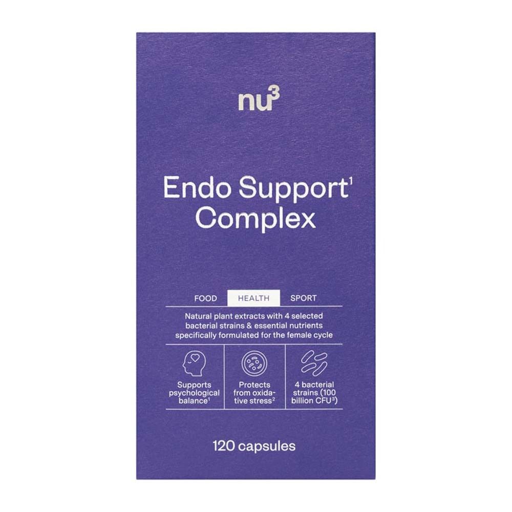 Emballage bleu avec inscription : nu3 Endo Support Complex. Contient 120 gélules. Pour la santé, le sport.