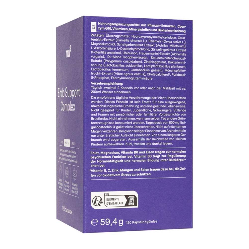 Dos de l'emballage bleu. Contient des informations sur les ingrédients et les valeurs nutritionnelles. Inscription : nu3 Endo Support Complex.
