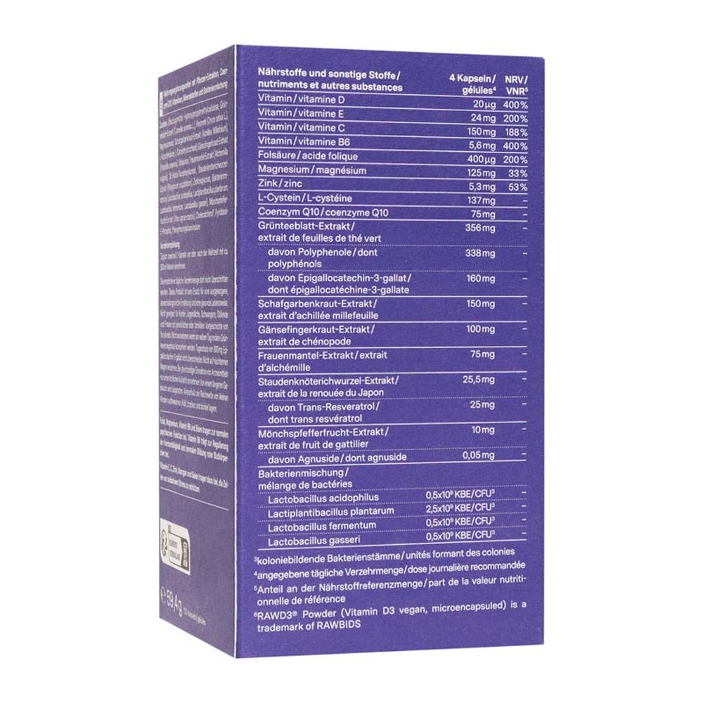 Dos de l'emballage bleu. Contient des informations sur les ingrédients et les valeurs nutritionnelles. Inscription : nu3 Endo Support Complex.