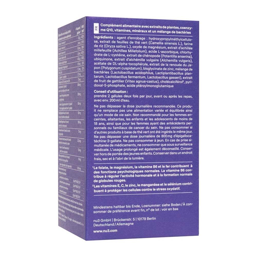 Dos de l'emballage bleu. Contient des informations sur les ingrédients et les valeurs nutritionnelles. Inscription : nu3 Endo Support Complex.