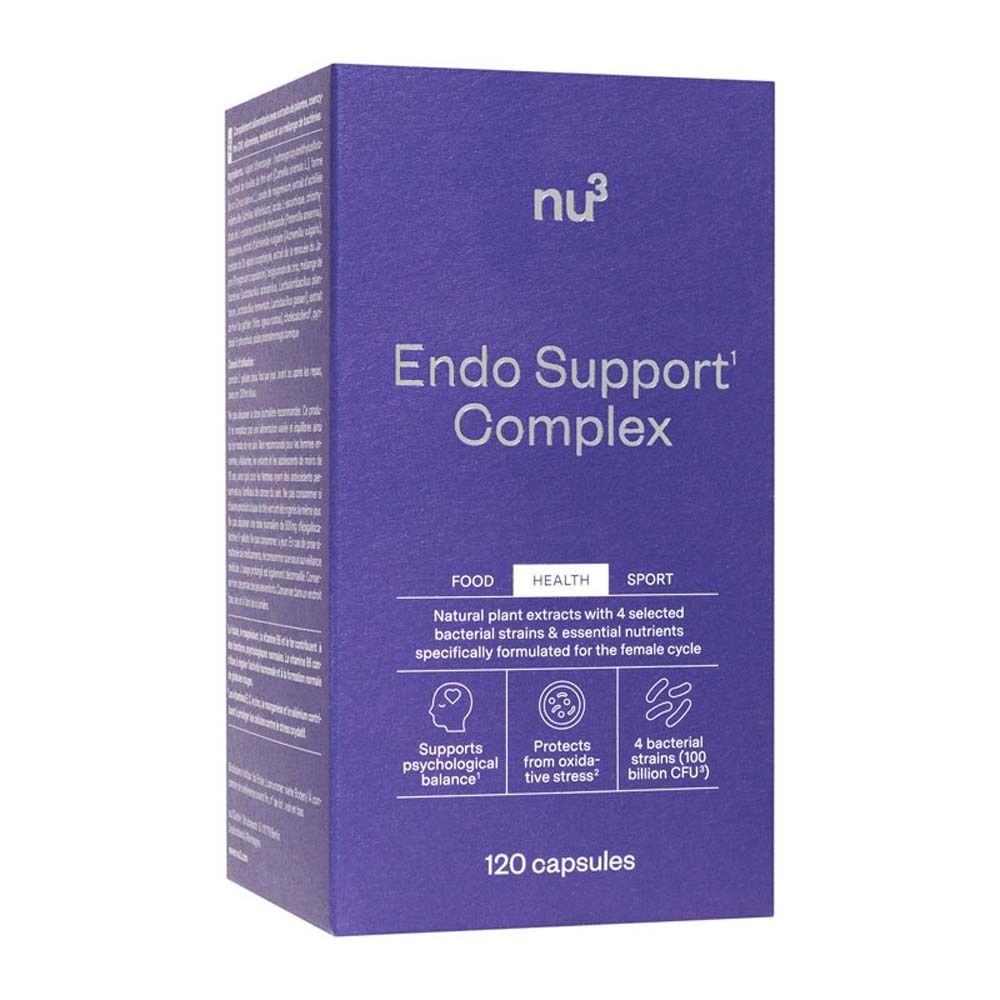 Emballage bleu avec inscription : nu3 Endo Support Complex. Contient 120 gélules. Pour la santé, le sport.