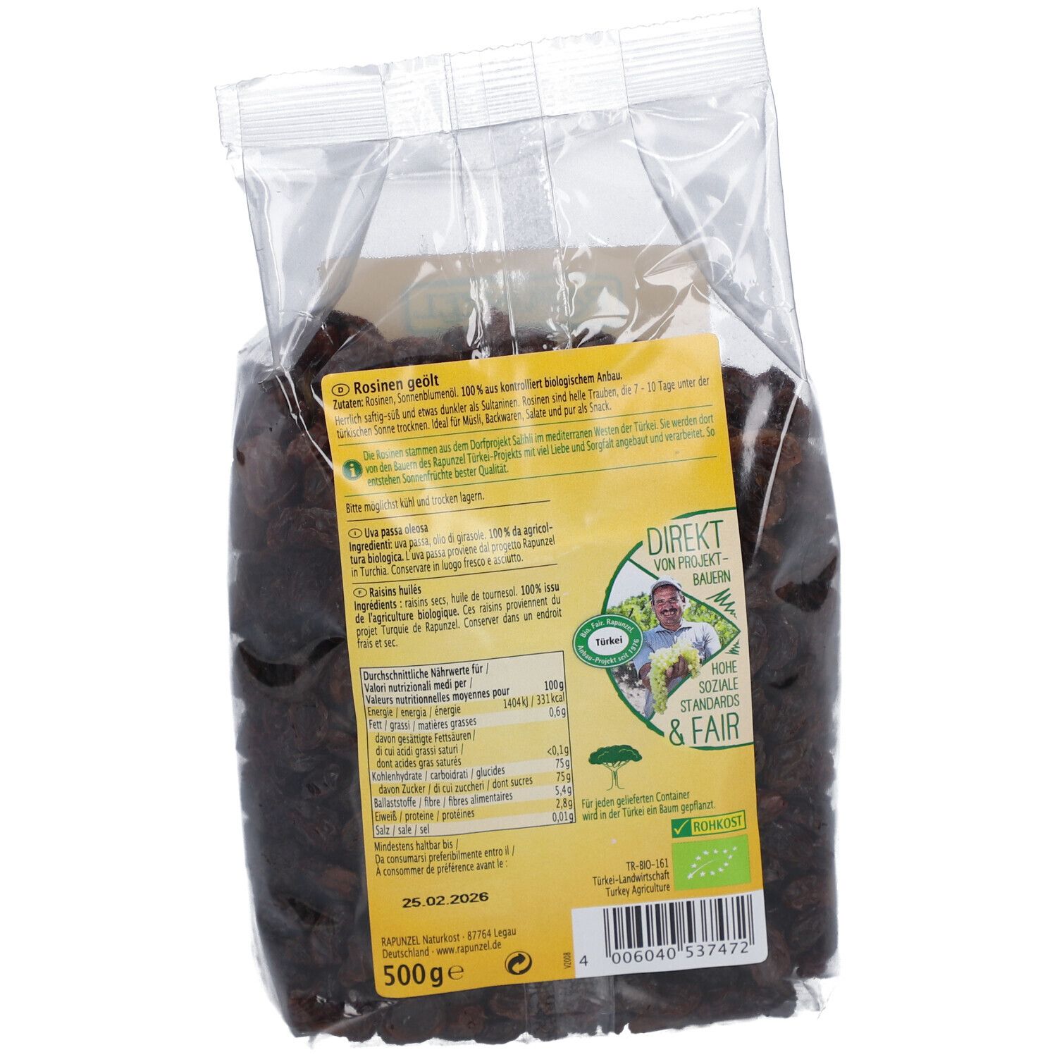 Dos du sachet de raisins secs RAPUNZEL. Informations textuelles, valeurs nutritionnelles et label bio. 500g.