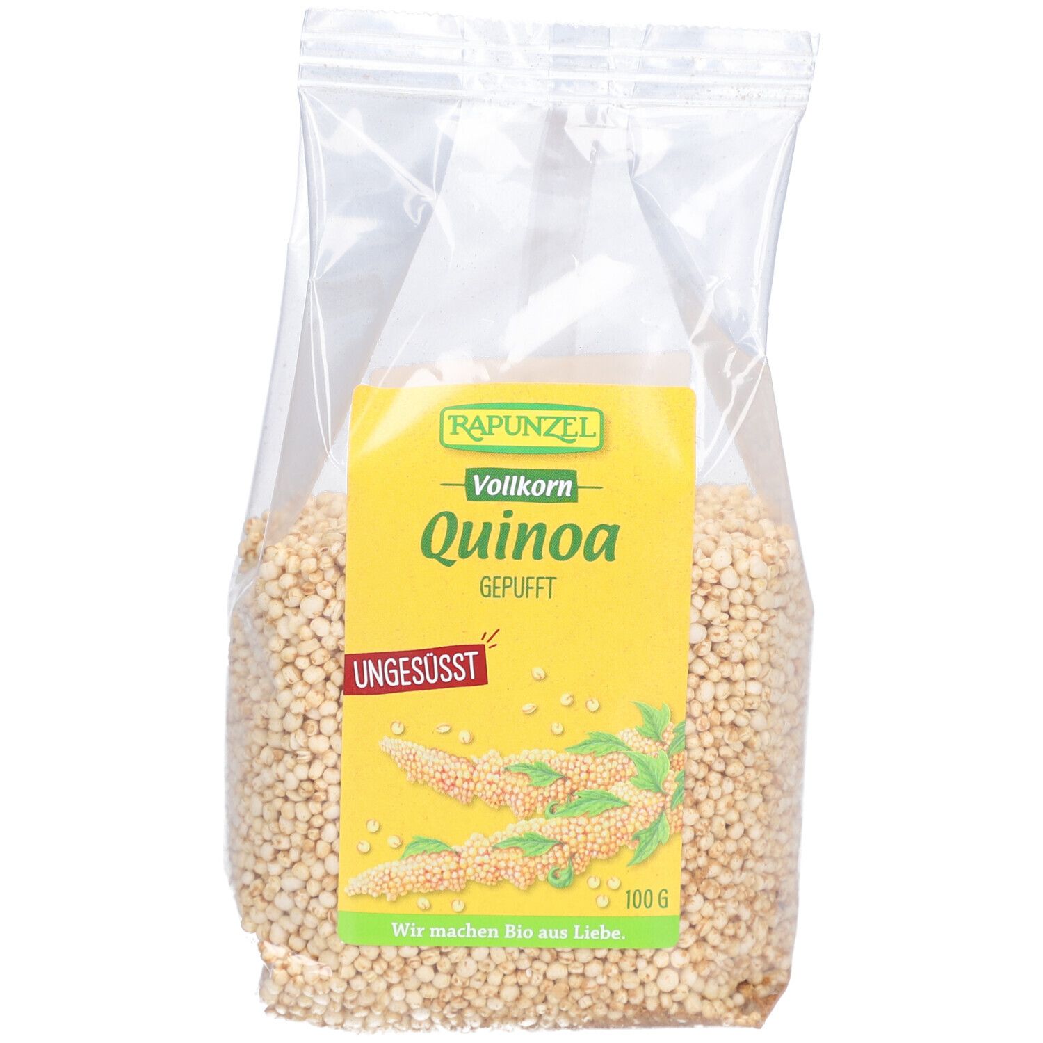 Sachet transparent de quinoa soufflé complet Rapunzel. Étiquette jaune avec informations produit et label bio.