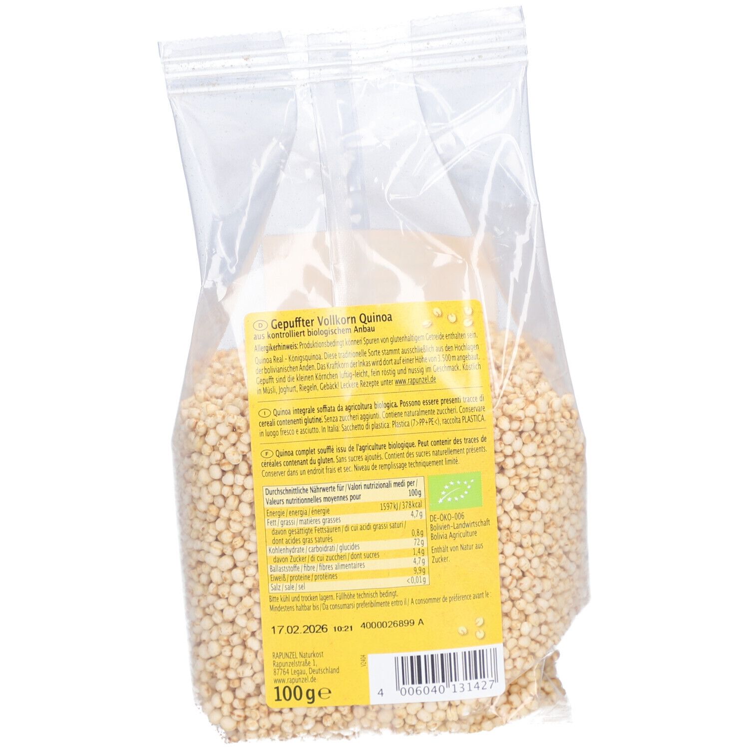 Dos du sachet transparent de quinoa Rapunzel. Étiquette jaune avec informations nutritionnelles et label bio.
