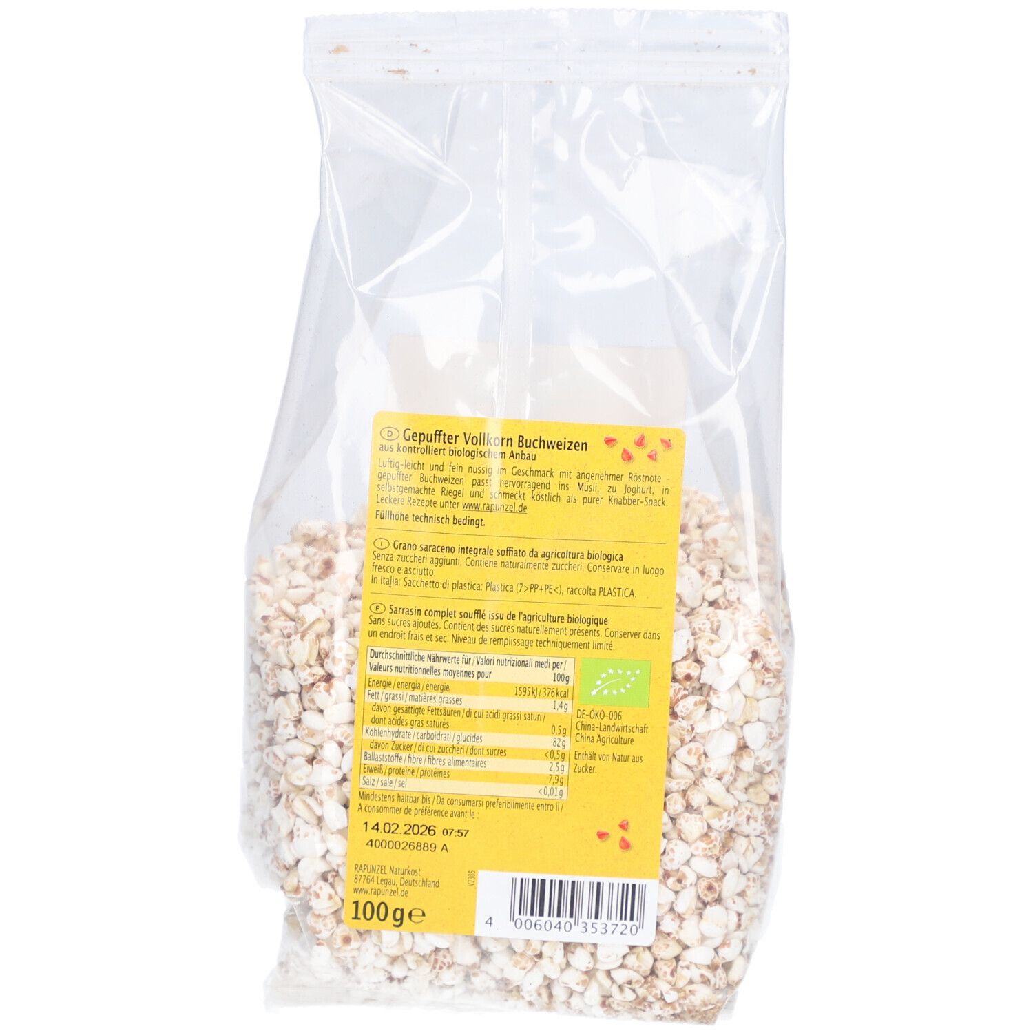 Dos du sachet transparent de sarrasin soufflé Rapunzel. Étiquette jaune avec informations nutritionnelles et label bio.