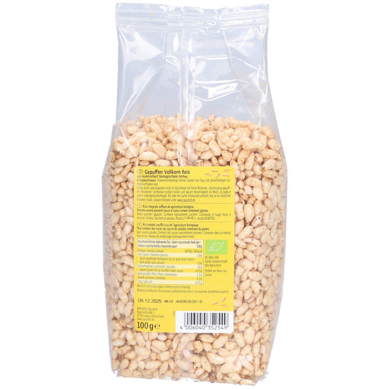 Dos du sachet transparent de riz soufflé. Étiquette jaune avec texte, informations nutritionnelles et label bio.