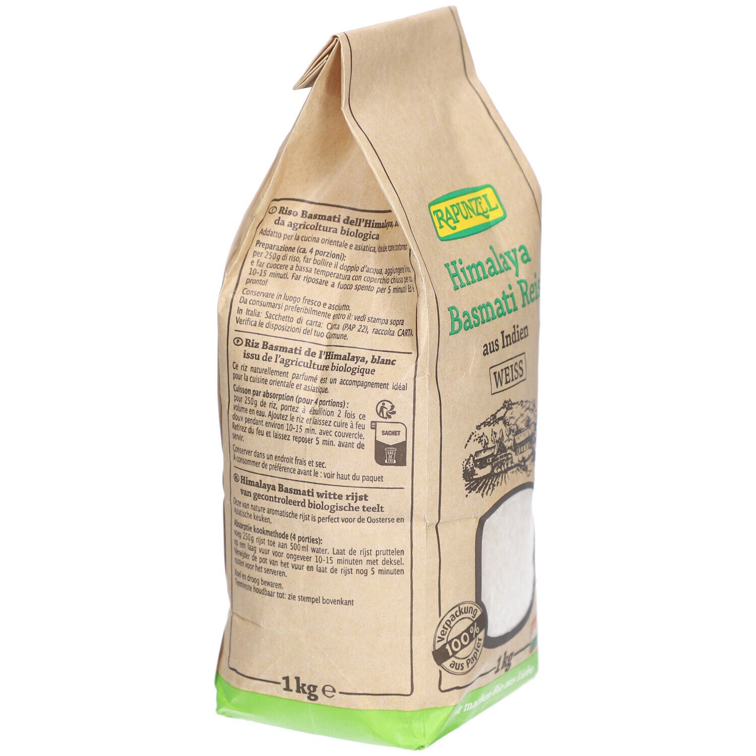 Riz basmati blanc Rapunzel Himalaya, sac en papier brun. Vue latérale avec informations et logo. Poids 1 kg.