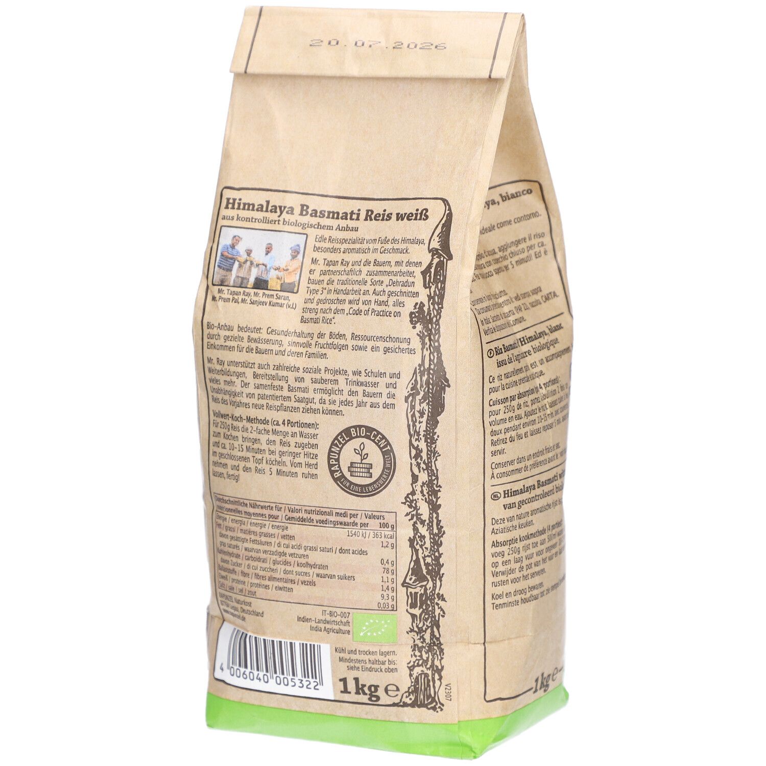 Riz basmati blanc Rapunzel Himalaya, sac en papier brun. Dos avec informations, logo et date de péremption.