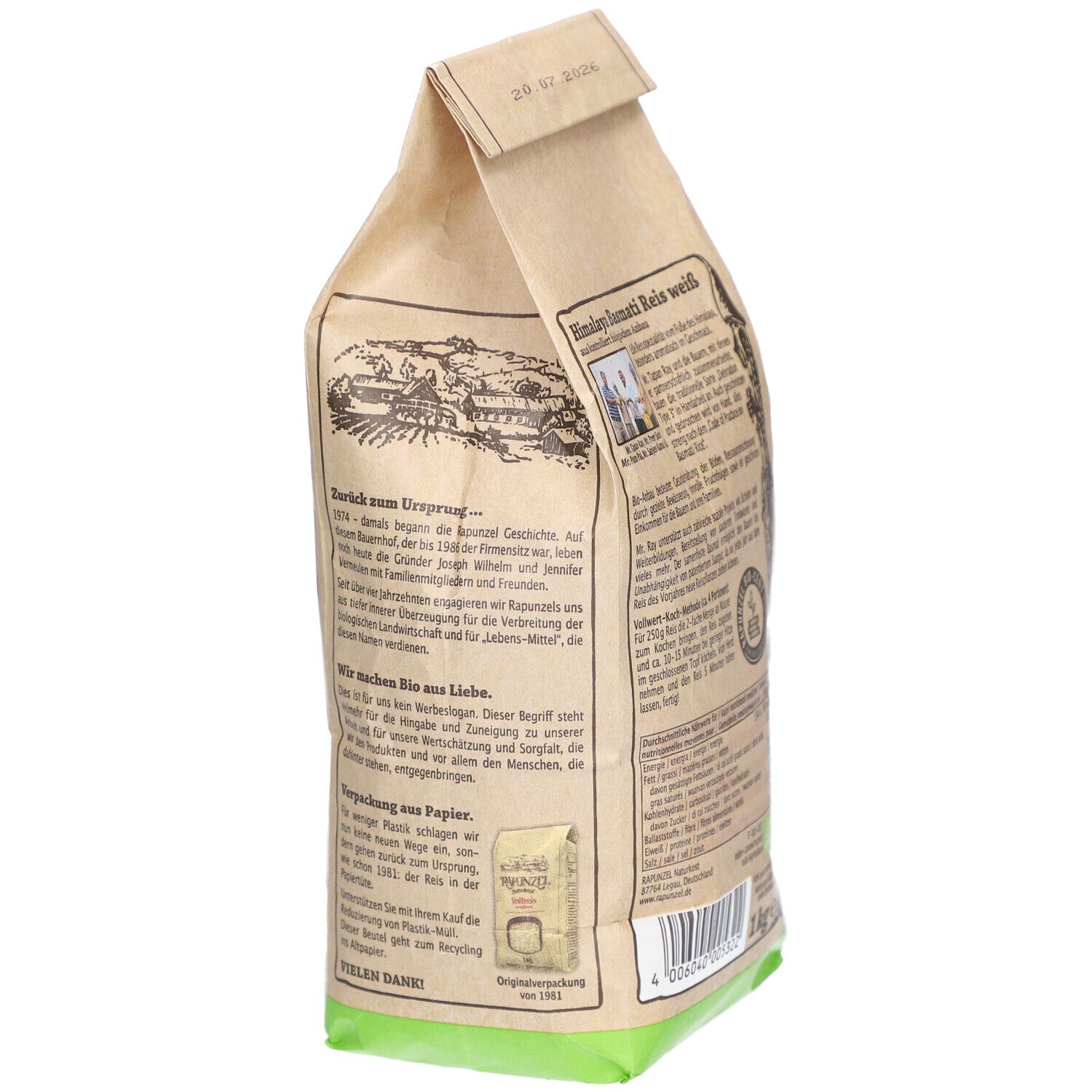 Riz basmati blanc Rapunzel Himalaya, sac en papier brun. Dos avec informations et logo. Date de péremption.