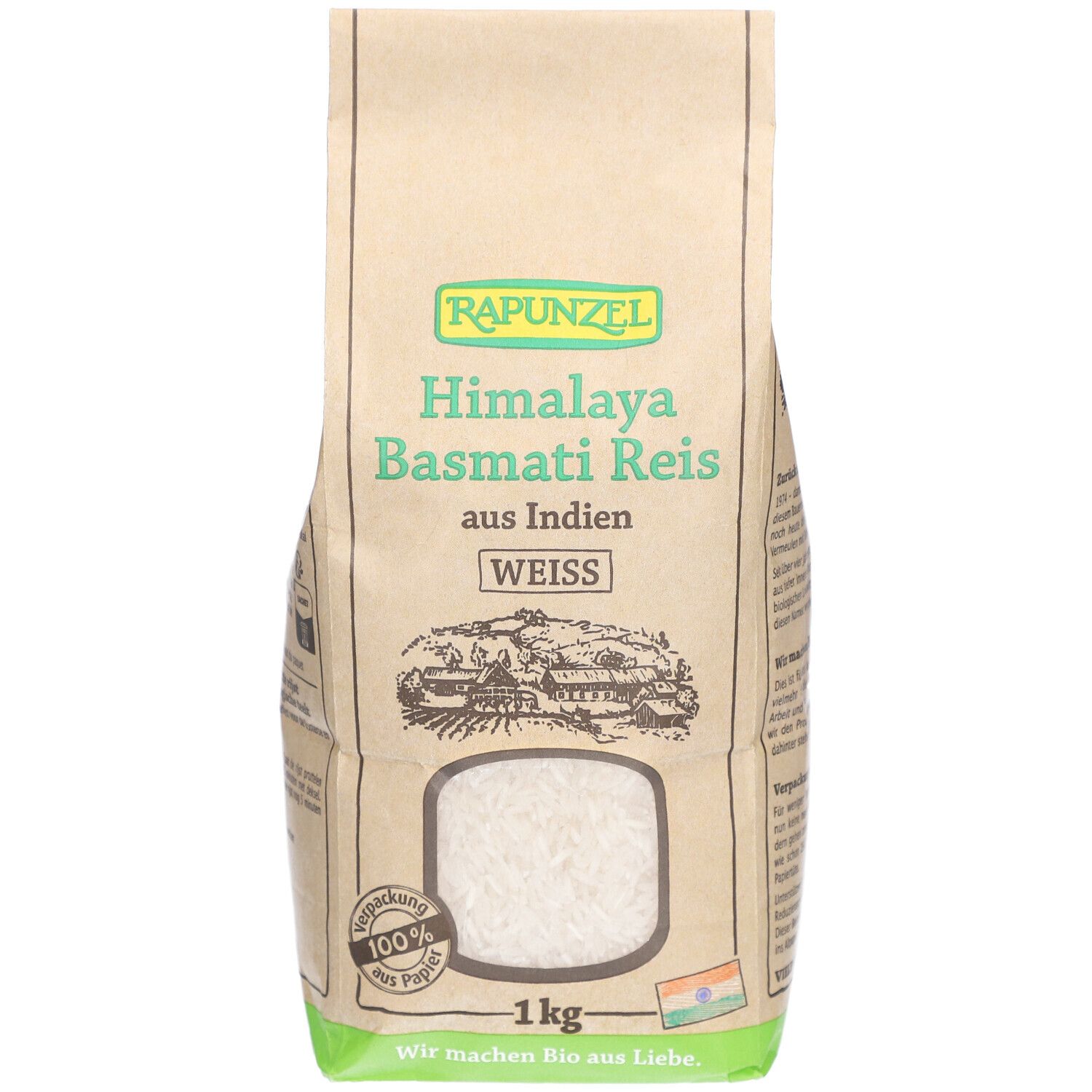 Riz basmati blanc Rapunzel Himalaya, sac en papier brun. Vue de face avec logo, nom, origine, poids et sceau.