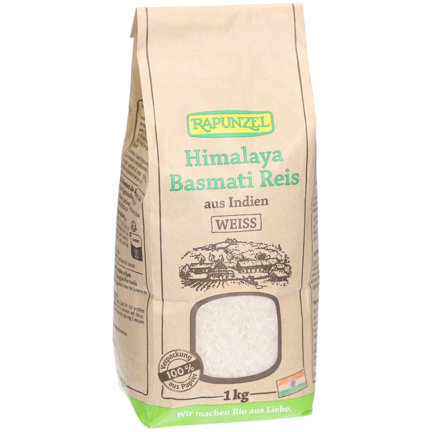 Riz basmati blanc Rapunzel Himalaya, sac en papier brun. Vue de face avec logo, nom, origine, poids et sceau.