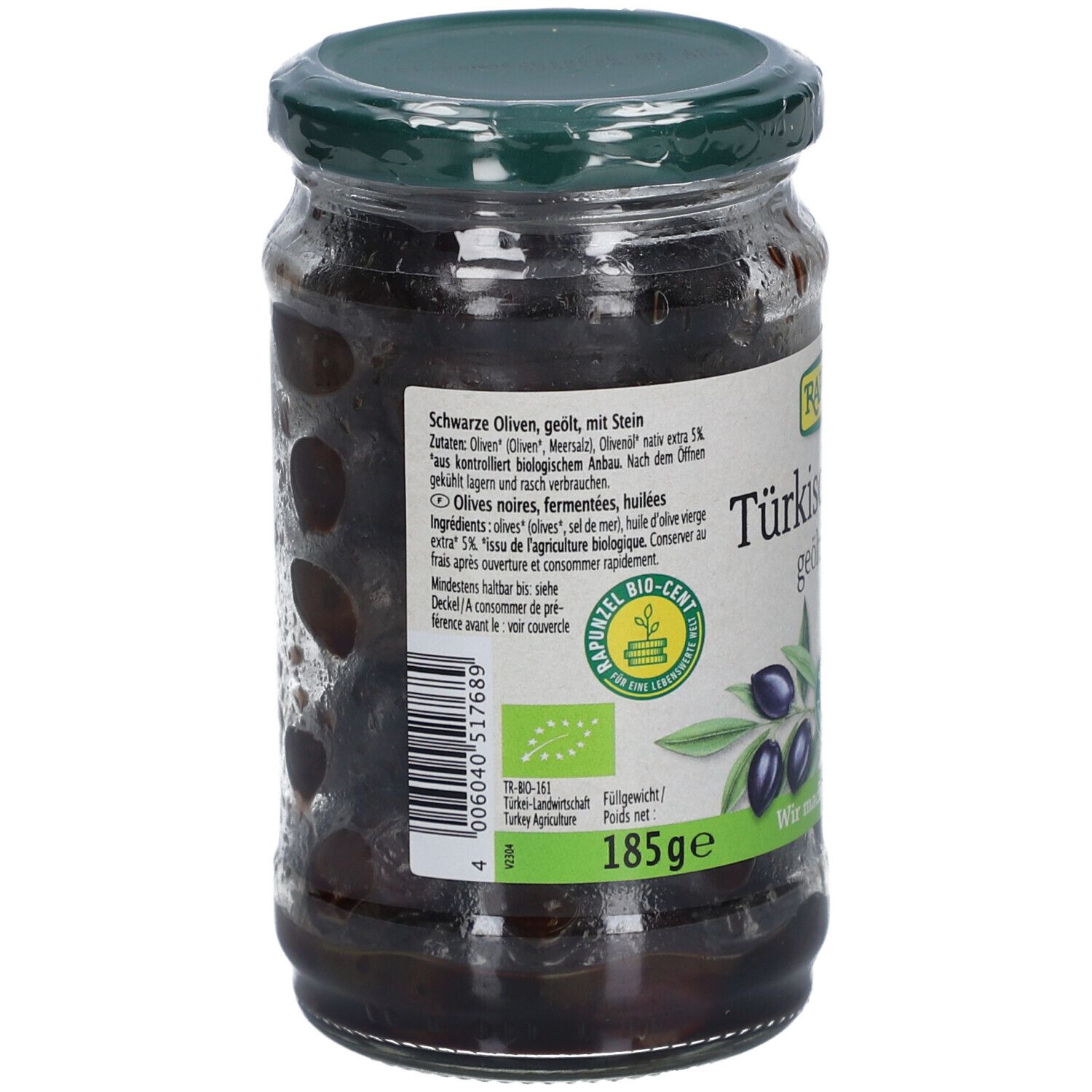 Bocal d'olives noires. Dos avec liste des ingrédients et informations nutritionnelles. Label bio. 185g.