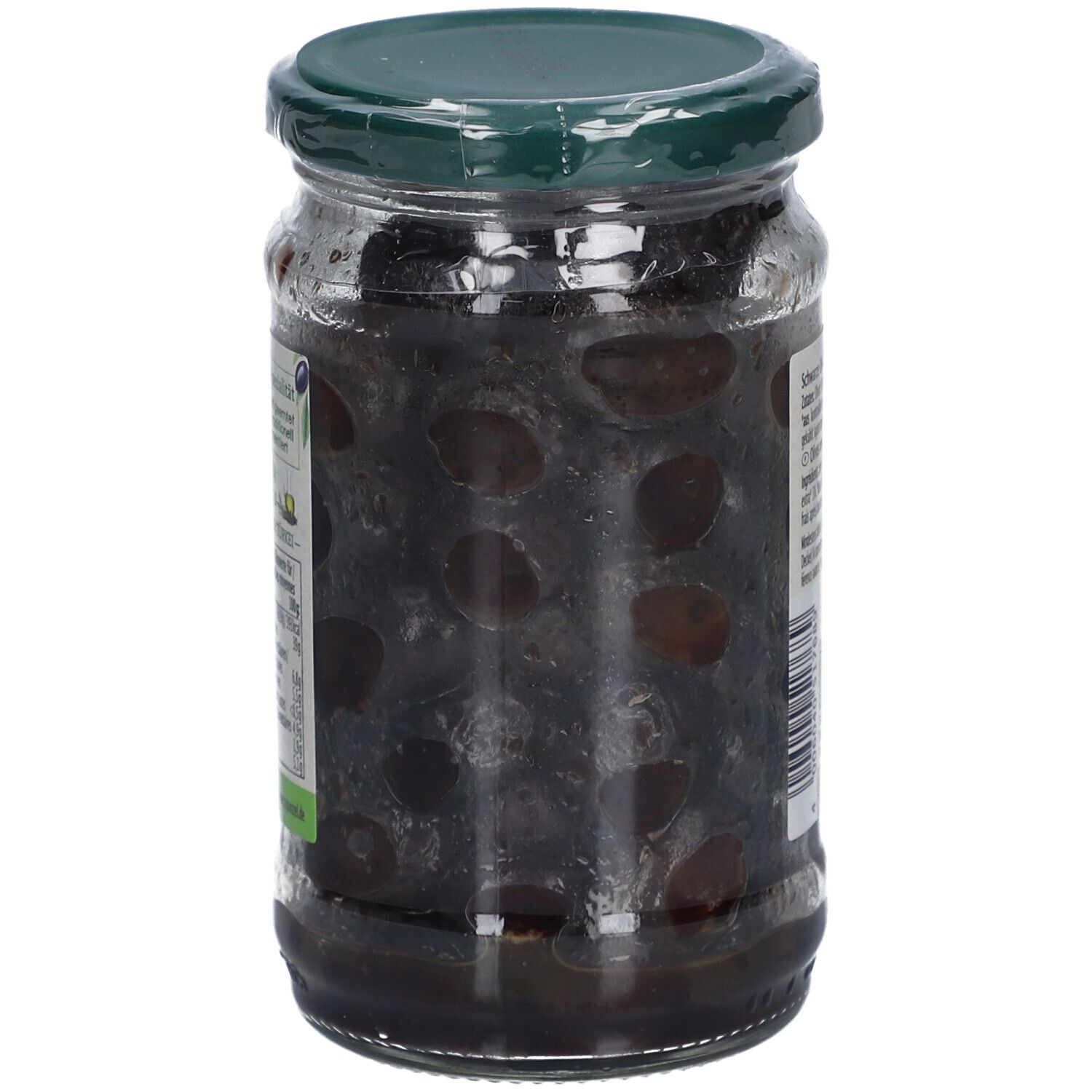 Bocal d'olives noires, vue latérale. Couvercle vert. Olives visibles.