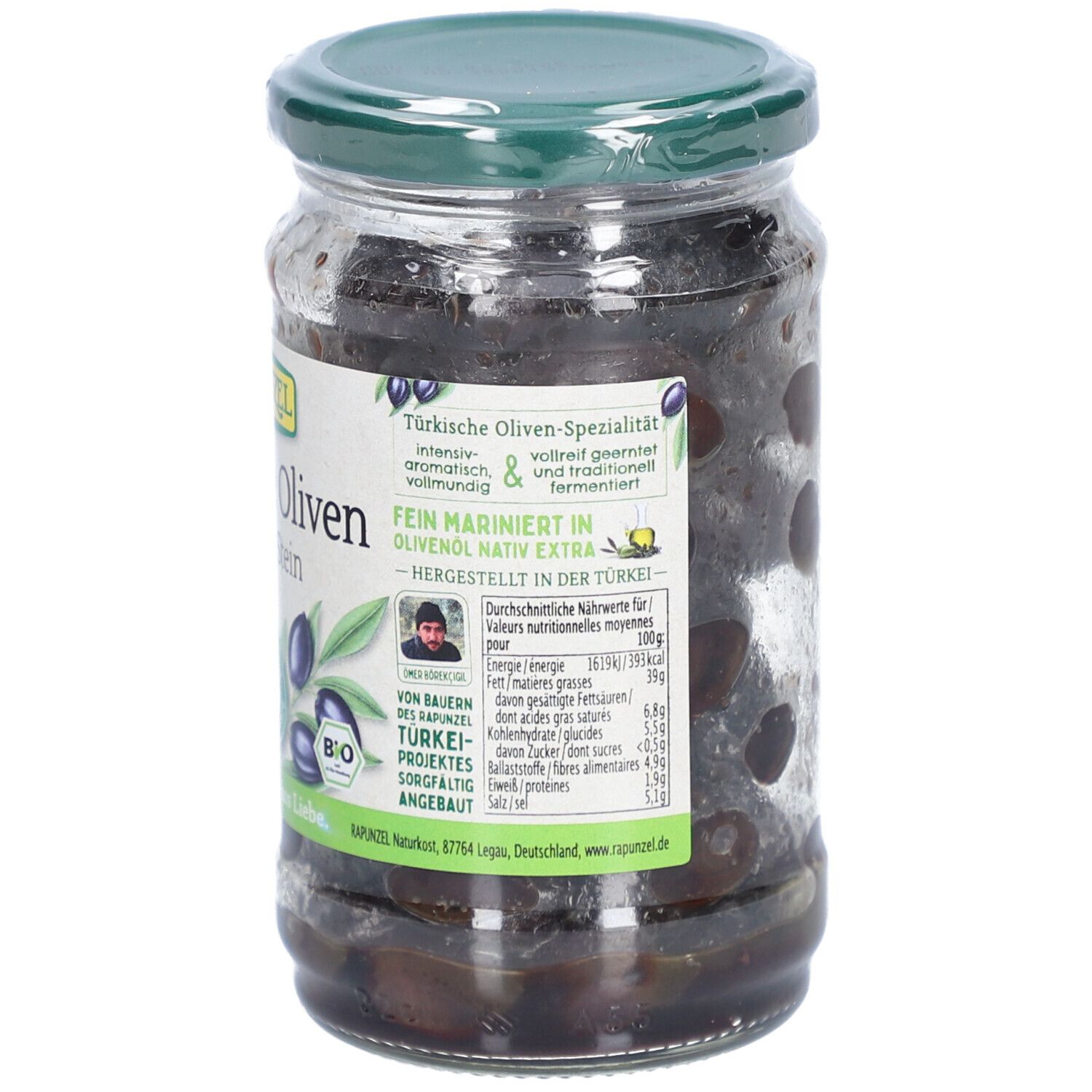 Bocal d'olives noires. Inscription : Spécialité d'olives turques, Rapunzel. Informations nutritionnelles. Label bio.
