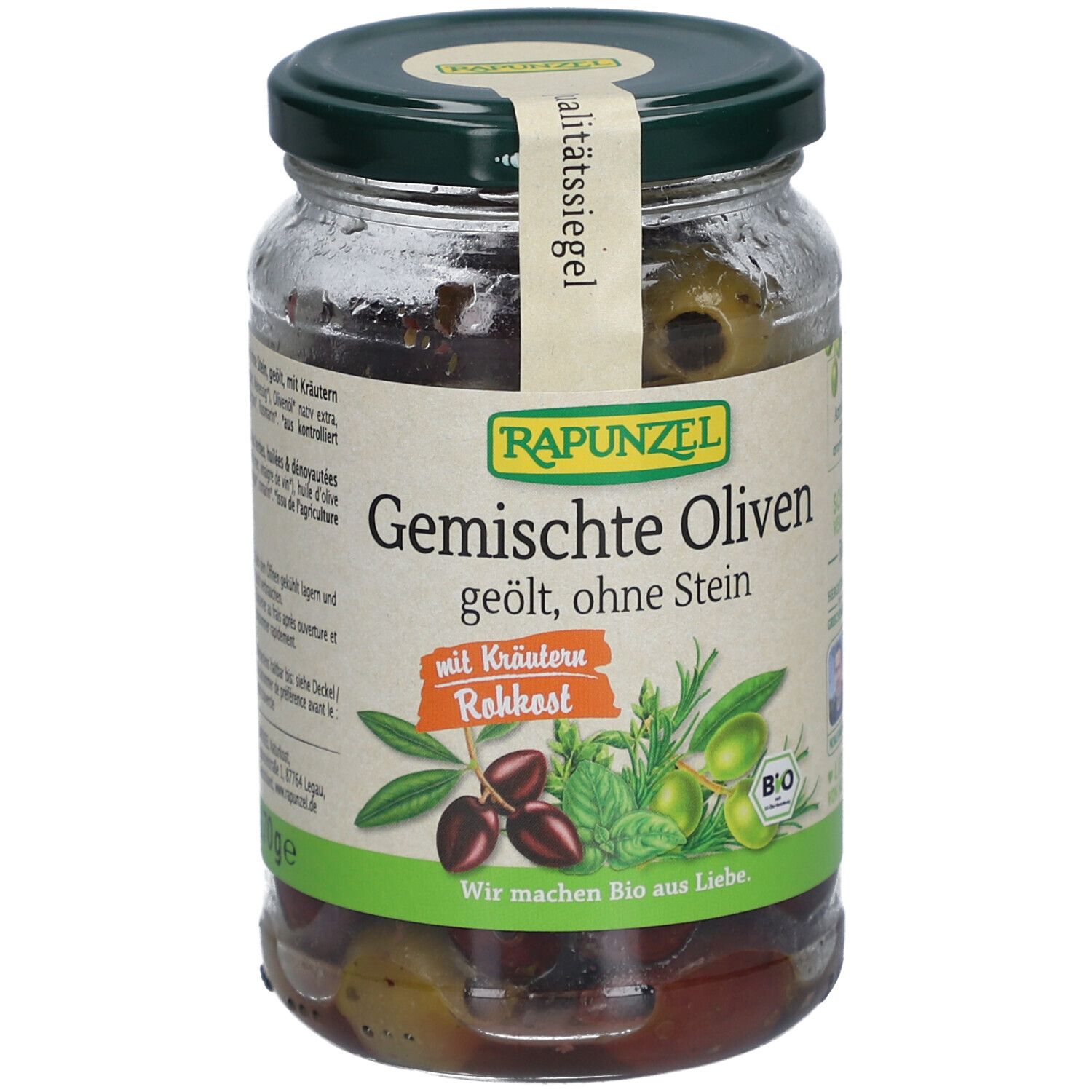 Bocal d'olives, herbes et huile. Inscription : Rapunzel, Olives mixtes, huilées, dénoyautées. Avec herbes, crudités.