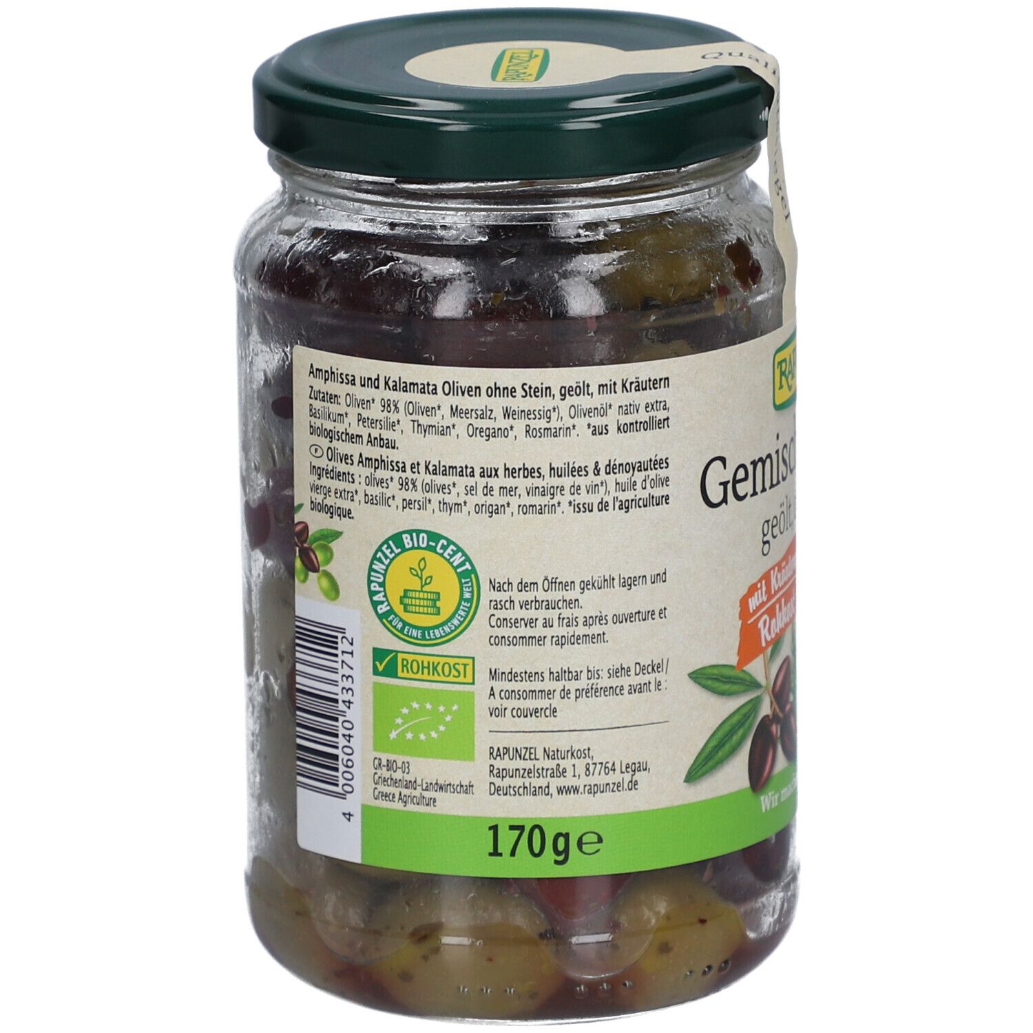 Bocal d'olives, herbes et huile. Dos avec liste des ingrédients et informations nutritionnelles. Label bio et poids 170g.