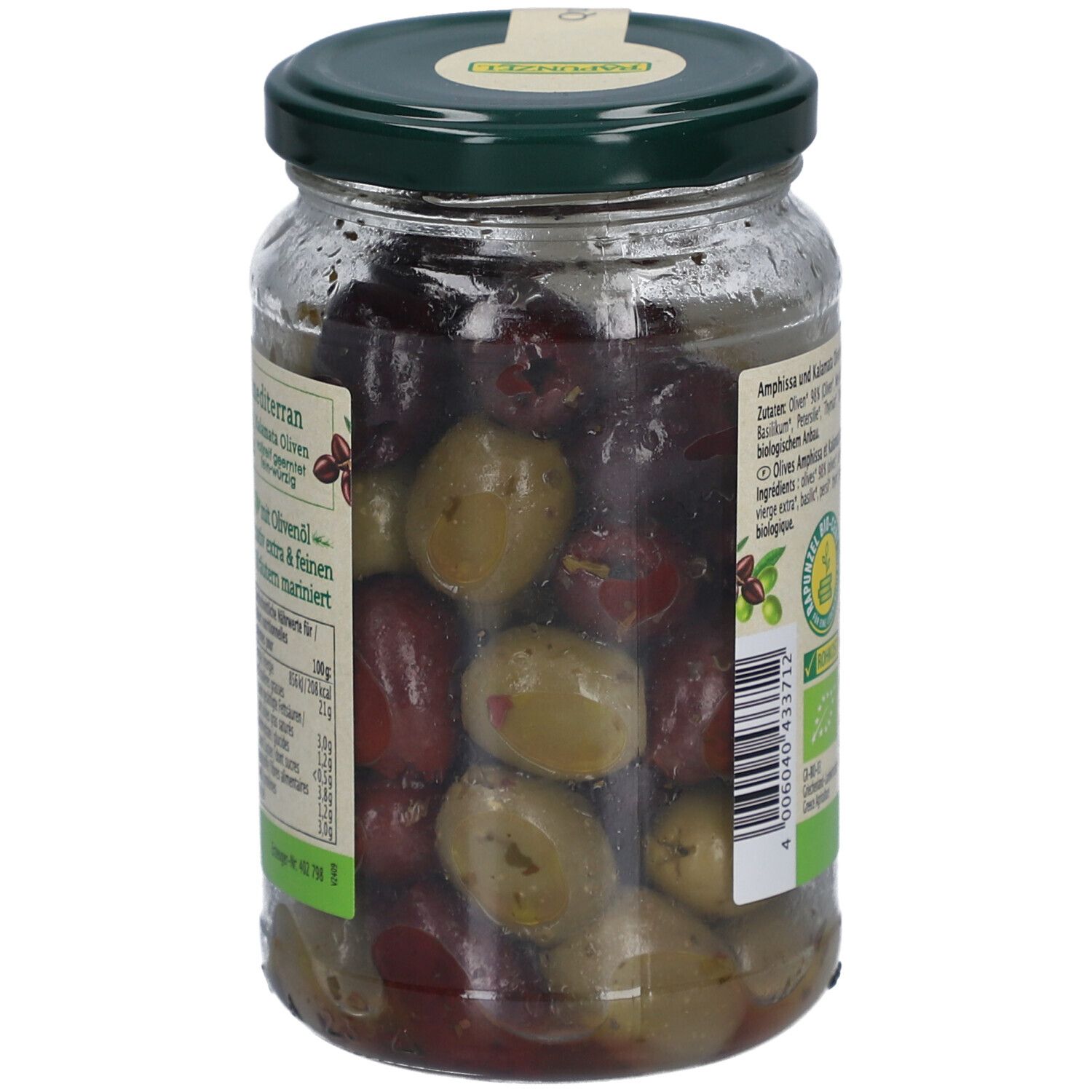 Bocal d'olives, herbes et huile. Vue latérale avec liste des ingrédients et informations nutritionnelles. Olives de couleurs variées.