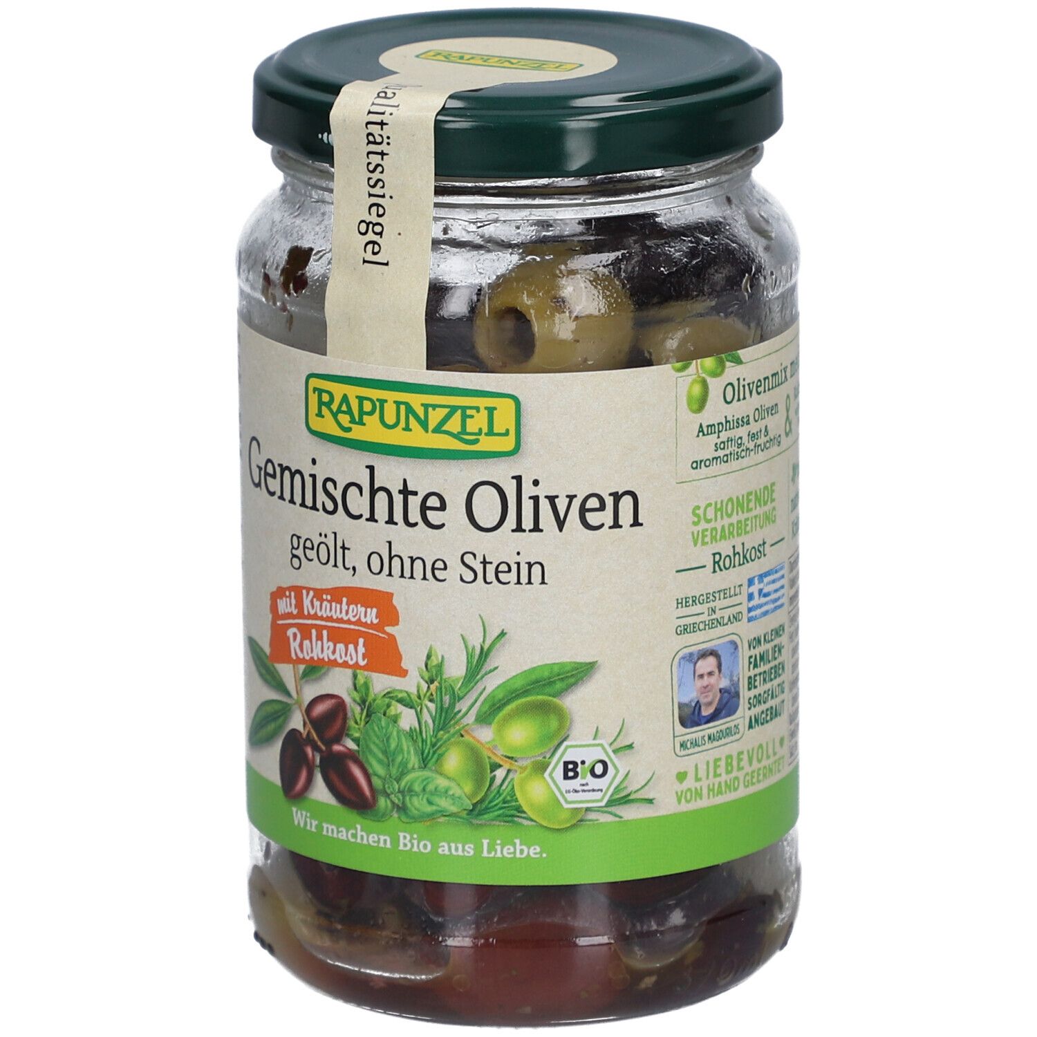 Bocal d'olives, herbes et huile. Inscription : Rapunzel, Olives mixtes, huilées, dénoyautées. Avec herbes, crudités.