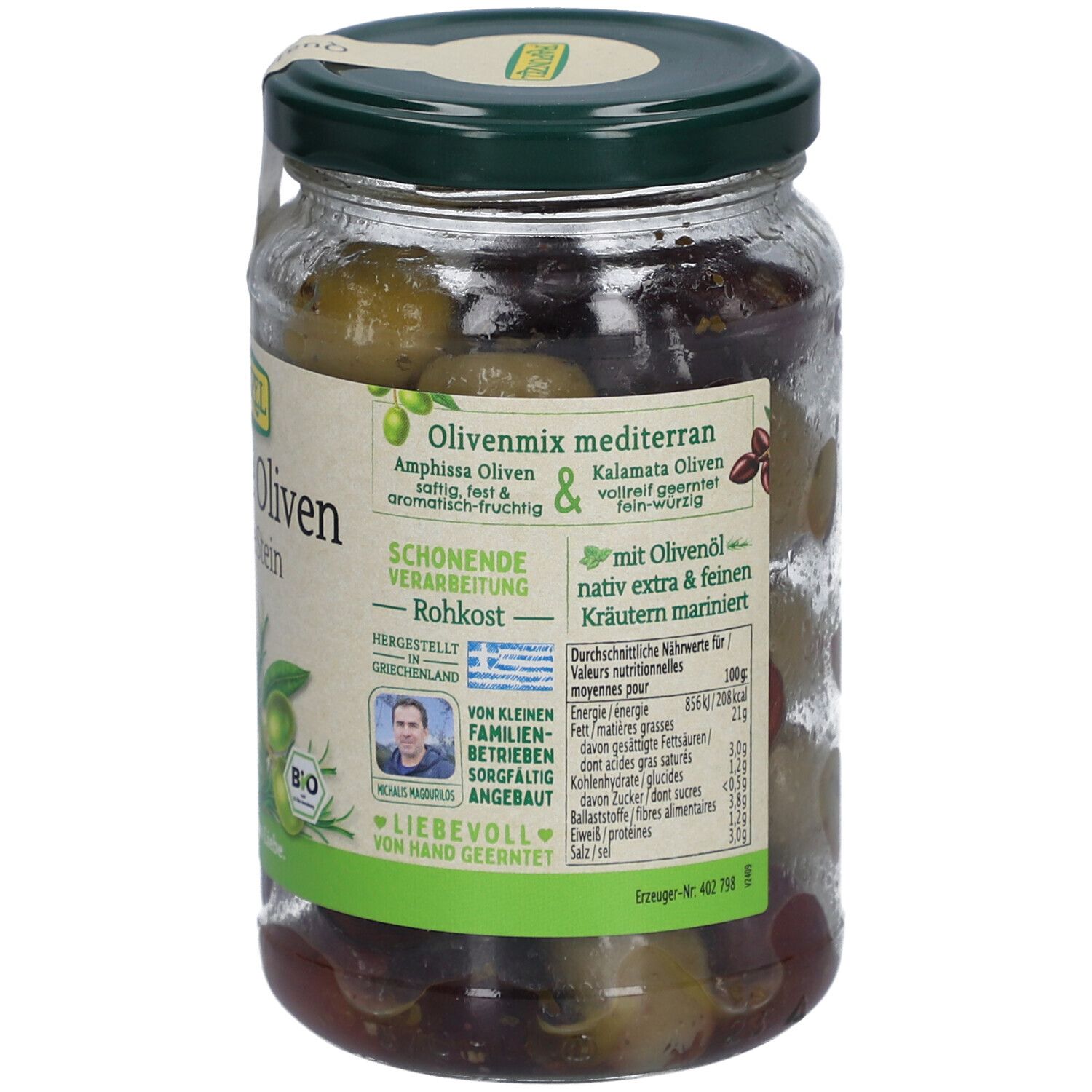 Bocal d'olives, herbes et huile. Inscription : Olives mix méditerranéennes. Marinées à l'huile d'olive extra vierge et aux herbes.