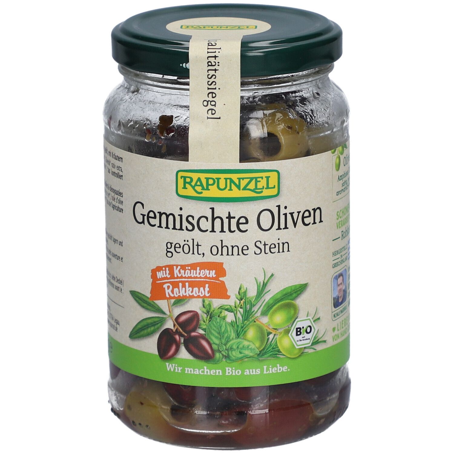 Bocal d'olives, herbes et huile. Inscription : Rapunzel, Olives mixtes, huilées, dénoyautées. Avec herbes, crudités.