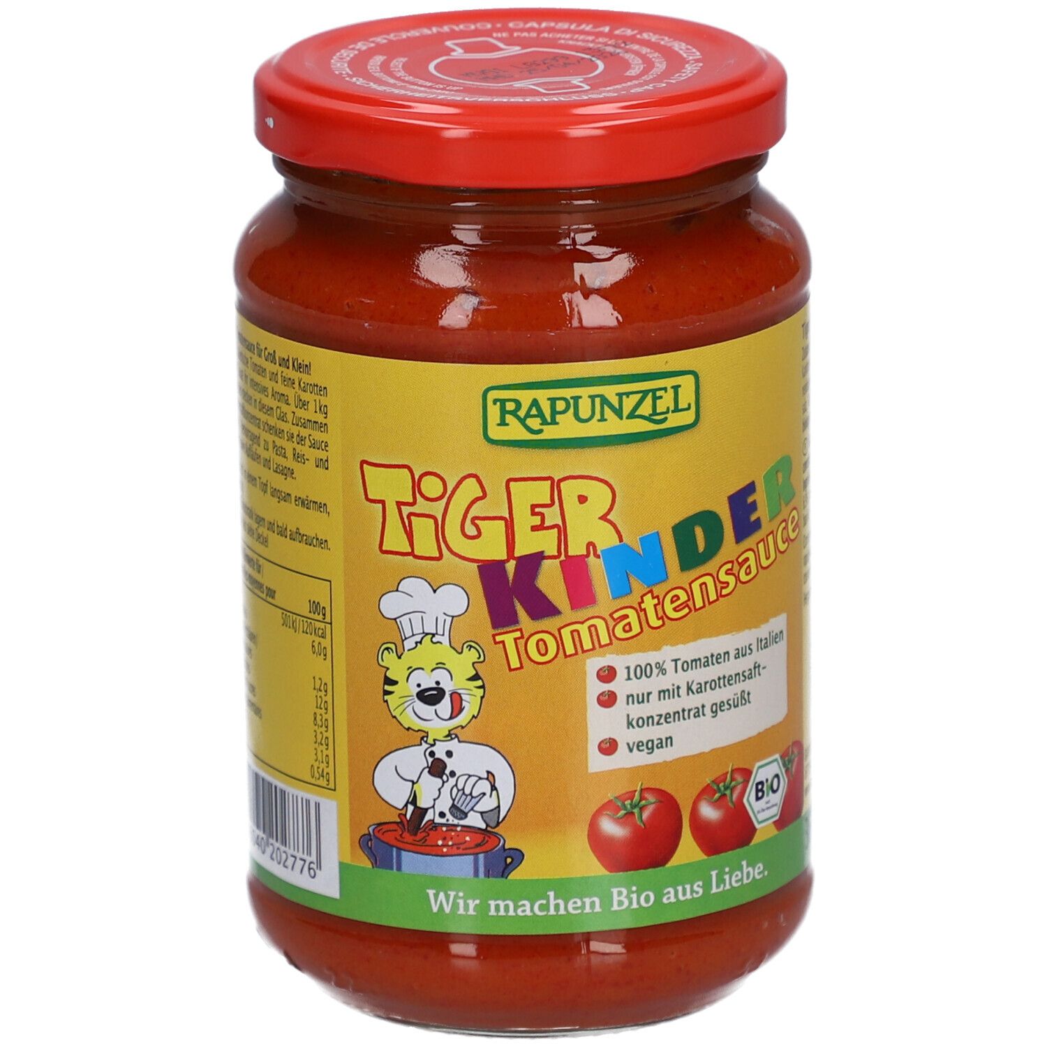 Pot de sauce tomate pour enfants Rapunzel Tiger. Étiquette jaune avec logo, illustration de tomates et texte. Couvercle rouge.