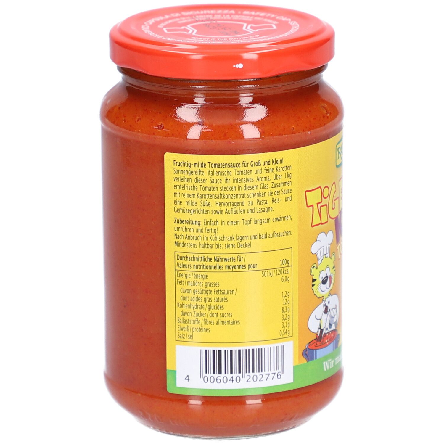 Dos du pot de sauce tomate pour enfants Rapunzel Tiger. Texte, informations nutritionnelles et code-barres sur fond jaune.