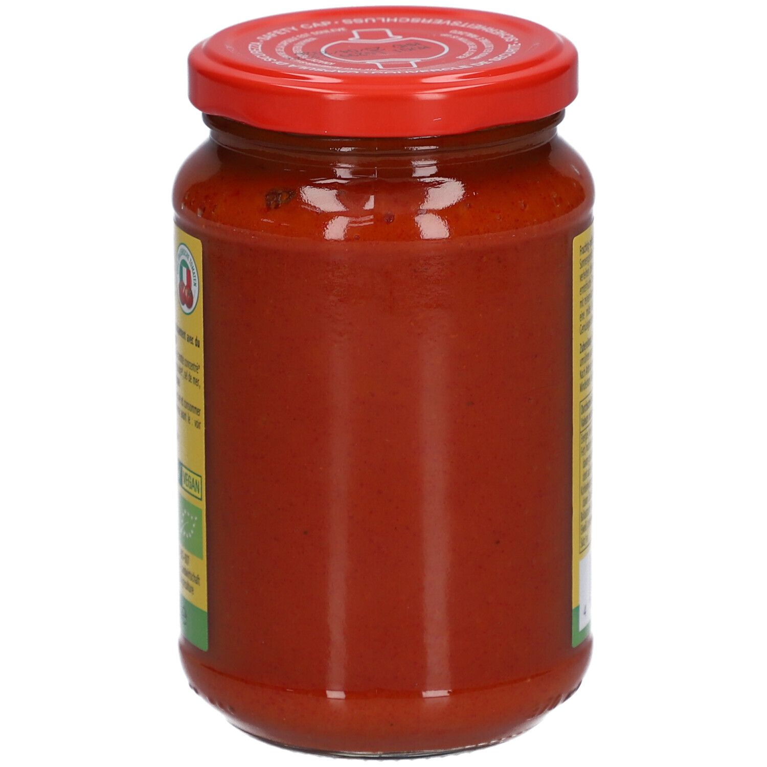 Pot de sauce tomate pour enfants Rapunzel Tiger. Sauce tomate rouge dans le pot. Couvercle rouge.