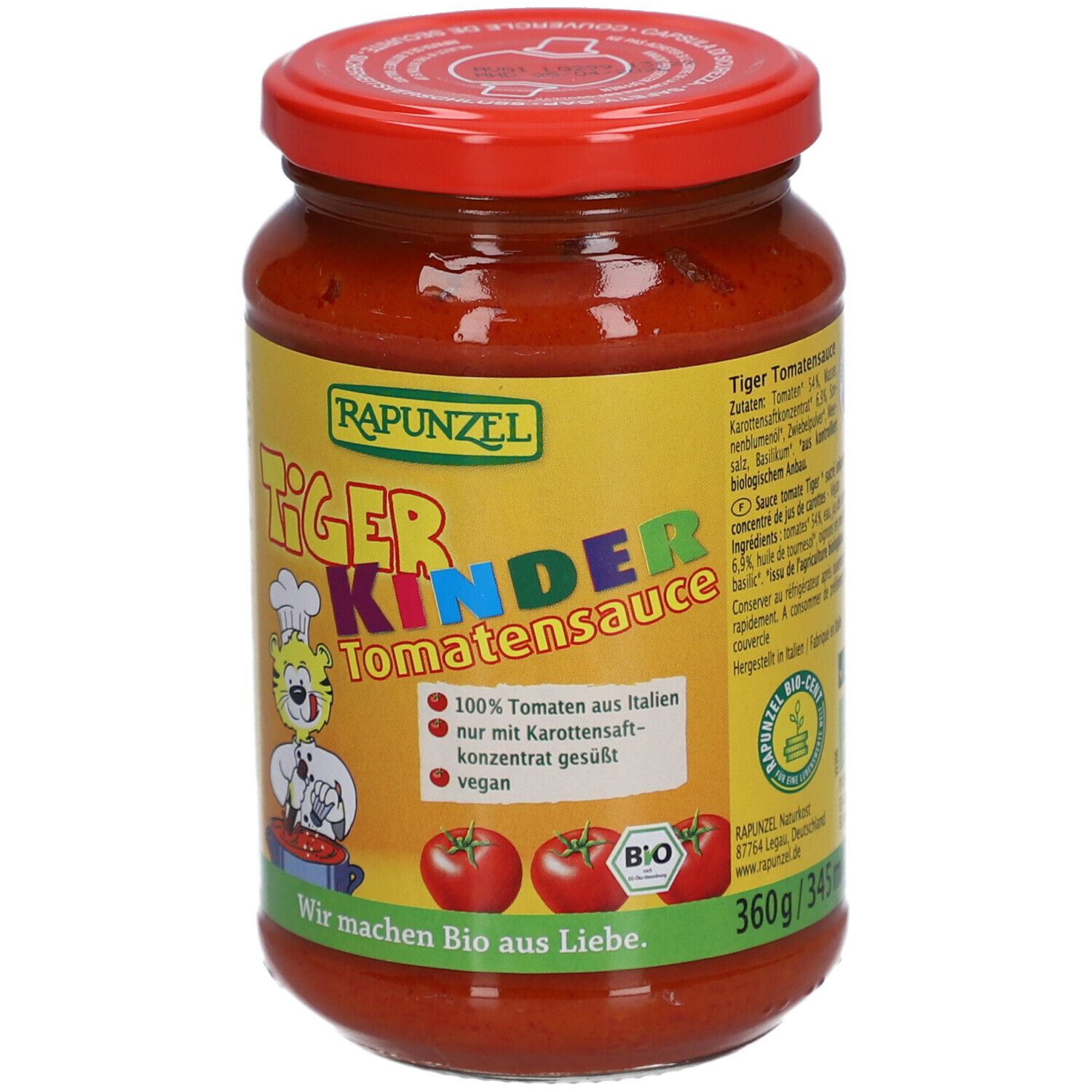 Pot de sauce tomate pour enfants Rapunzel Tiger. Étiquette jaune avec logo, illustration de tomates et texte. Couvercle rouge. 360g/345ml.