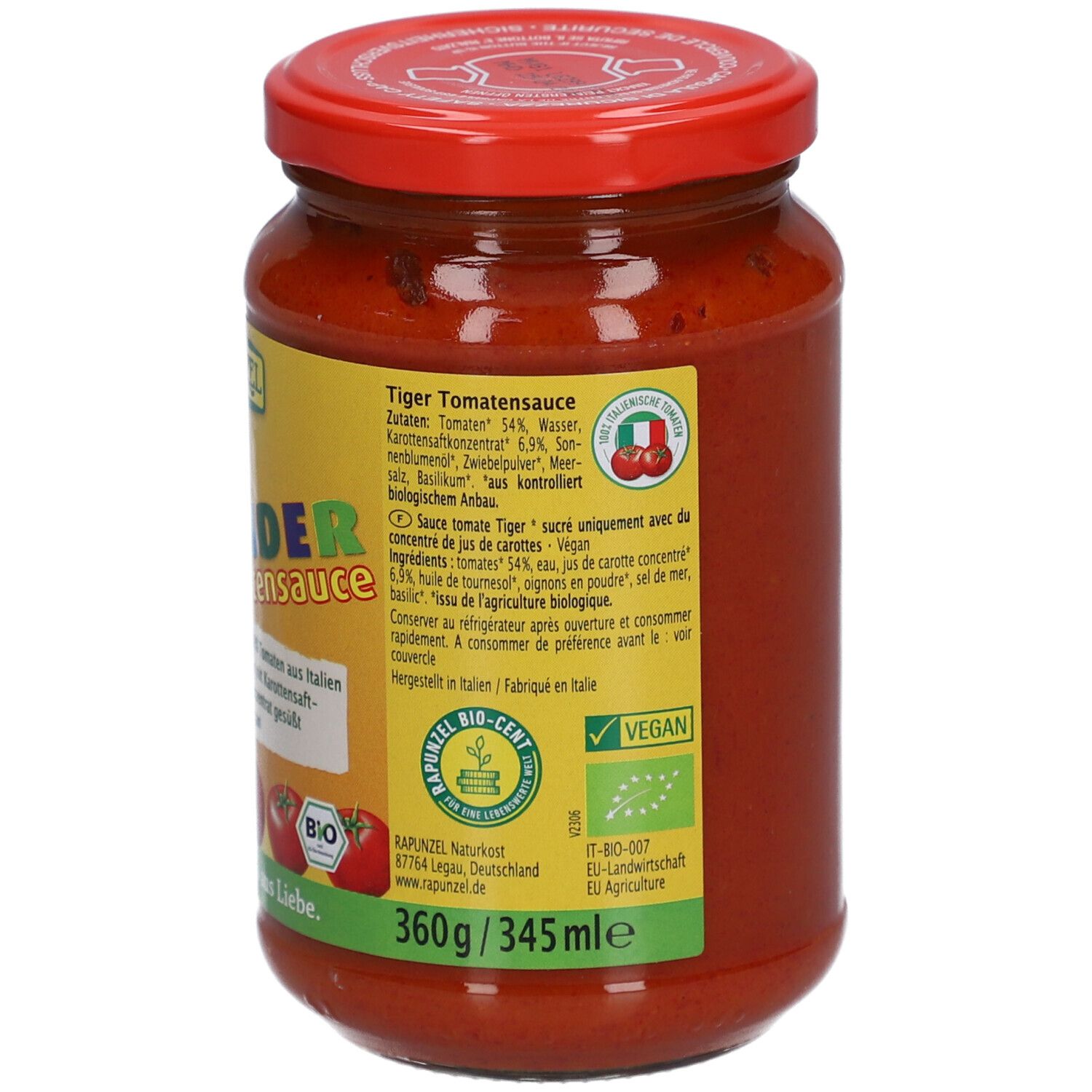 Dos du pot de sauce tomate pour enfants Rapunzel Tiger. Texte, informations nutritionnelles, code-barres, label bio et logo vegan.