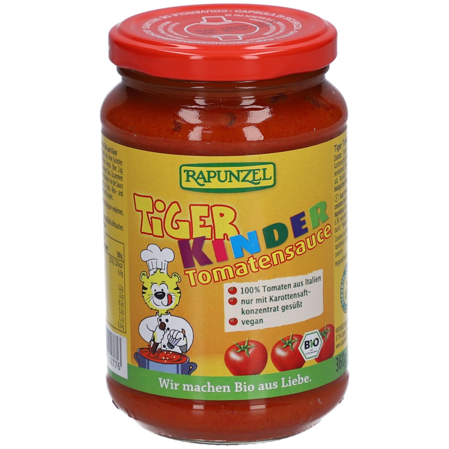Pot de sauce tomate pour enfants Rapunzel Tiger. Étiquette jaune avec logo, illustration de tomates et texte. Couvercle rouge.