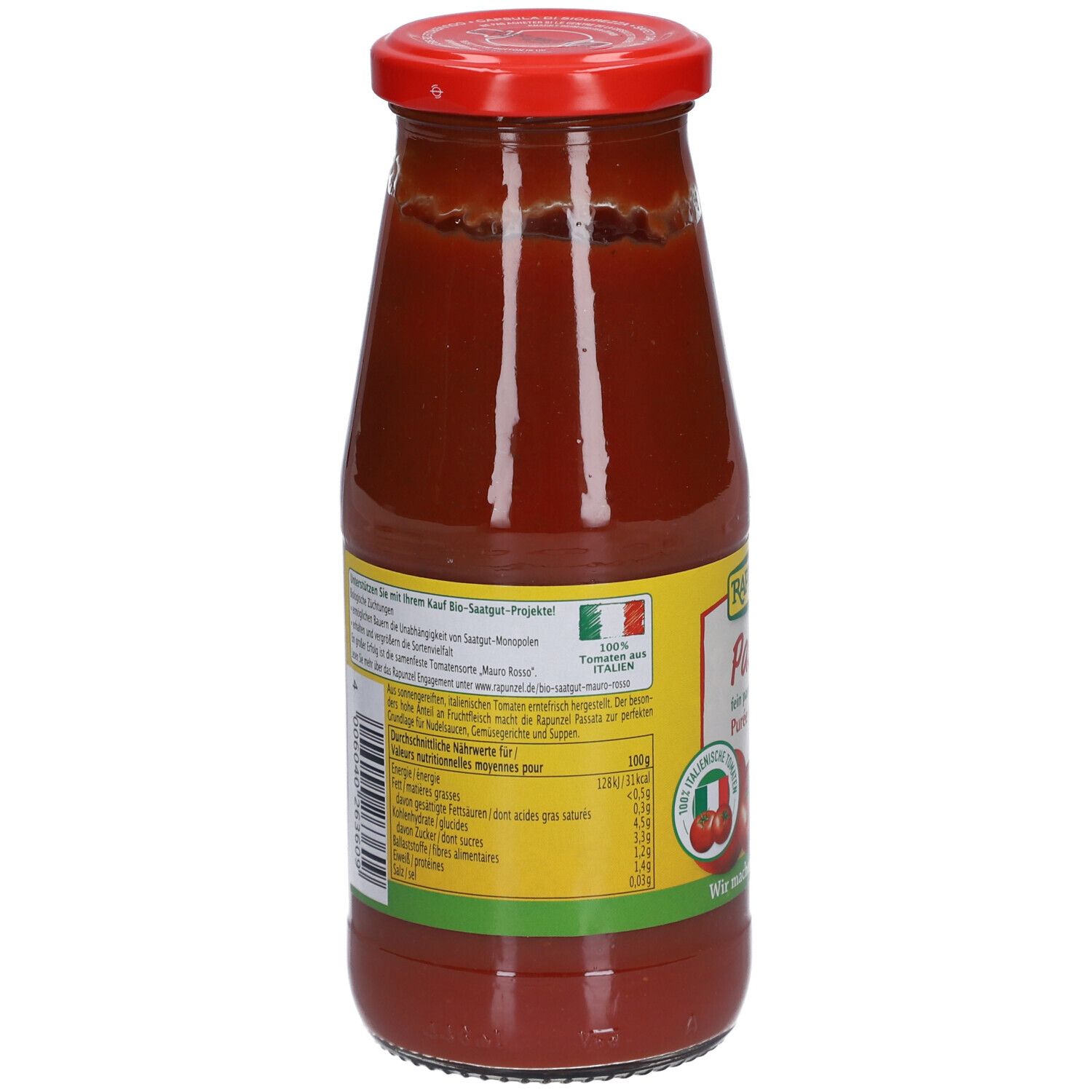 Dos de la bouteille en verre avec étiquette. Informations textuelles, valeurs nutritionnelles, label bio et origine italienne.