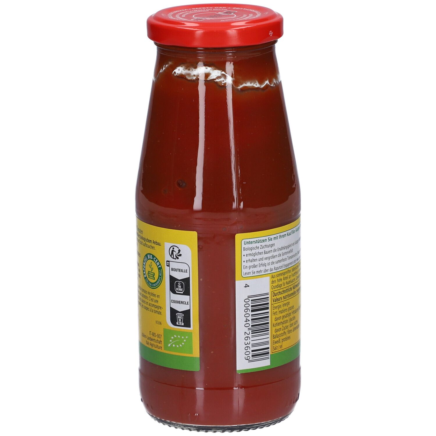 Dos de la bouteille en verre avec étiquette. Informations textuelles, label bio et informations nutritionnelles.