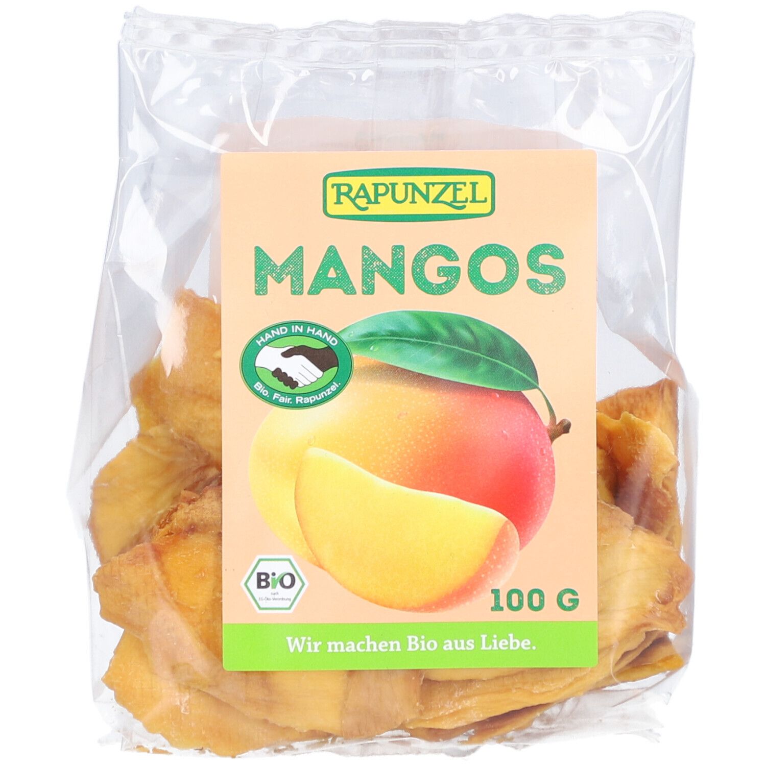 Sachet transparent de mangues séchées. Étiquette avec nom du produit, illustration de mangue et label bio. Inscription : RAPUNZEL, MANGOS.