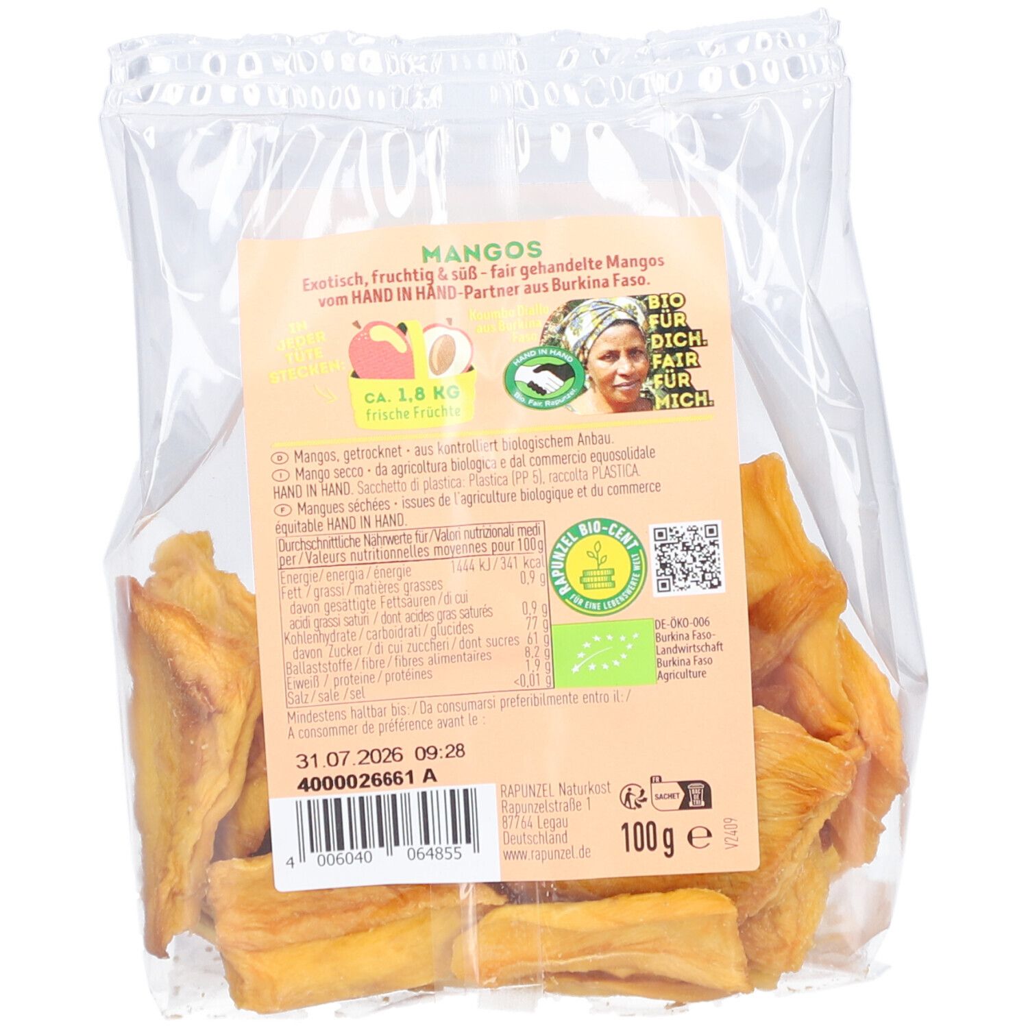Sachet transparent de mangues séchées. Étiquette avec informations sur le produit, label bio et code QR. Inscription : RAPUNZEL, MANGOS.