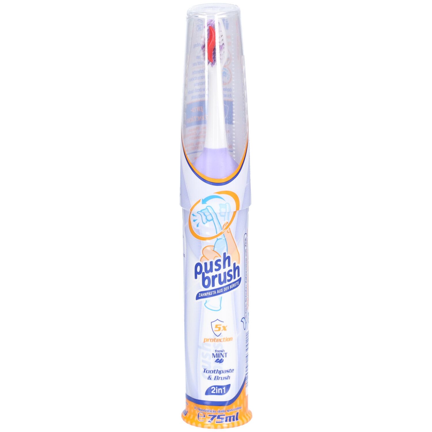 PushBrush 2-en-1 brosse à dents dans son emballage. Contient dentifrice et brosse. Avec 5x protection. 75ml.