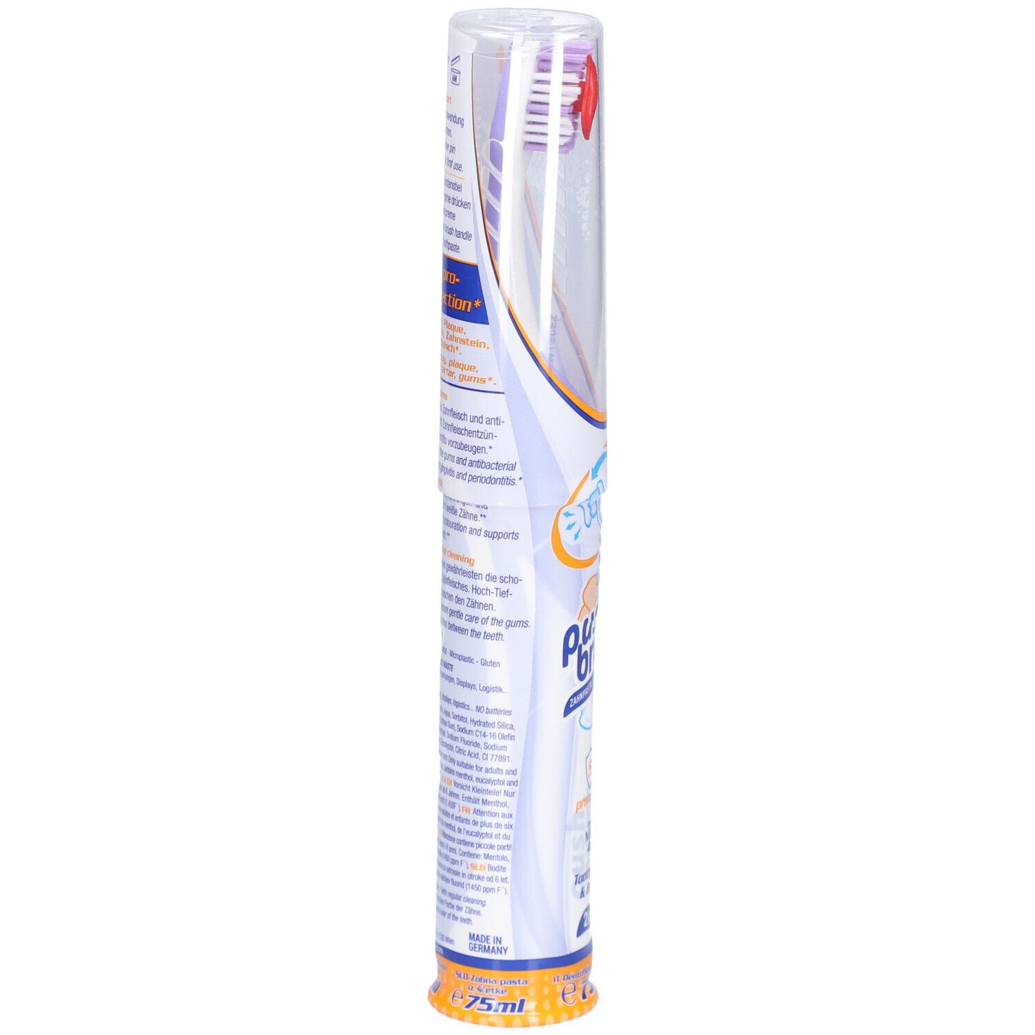 PushBrush 2-en-1 brosse à dents dans son emballage. Dos avec informations sur le produit et ingrédients. 75ml.