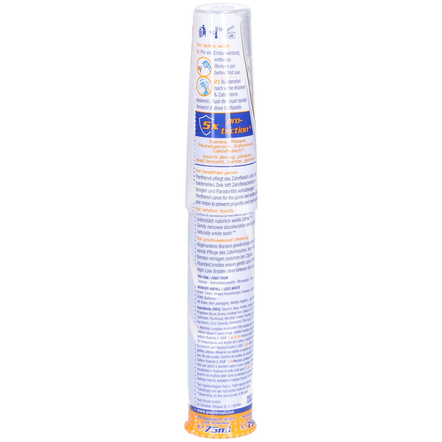 PushBrush 2-en-1 brosse à dents dans son emballage. Dos avec informations sur le produit et ingrédients. 75ml.