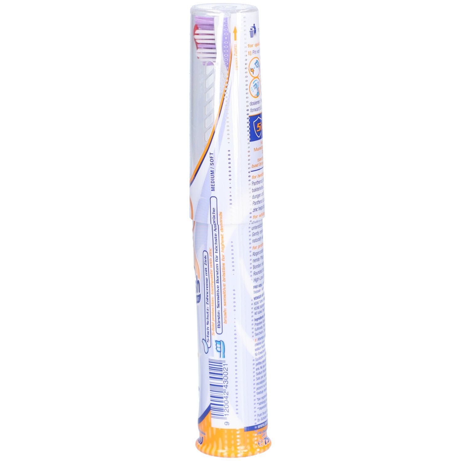 PushBrush 2-en-1 brosse à dents dans son emballage. Dos avec informations sur le produit et ingrédients. 75ml.