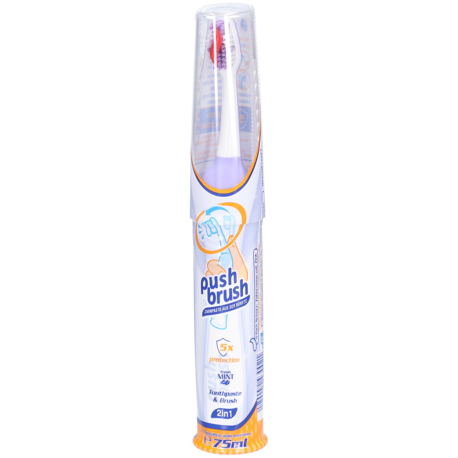 PushBrush 2-en-1 brosse à dents dans son emballage. Contient dentifrice et brosse. Avec 5x protection. 75ml.