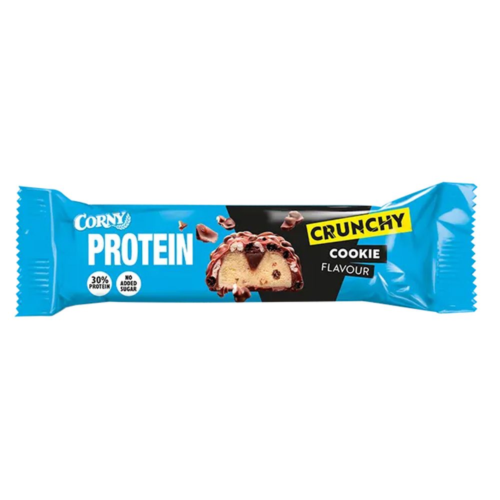 Barre Corny Protein Crunchy Cookie avec 30% de protéines et sans sucres ajoutés.