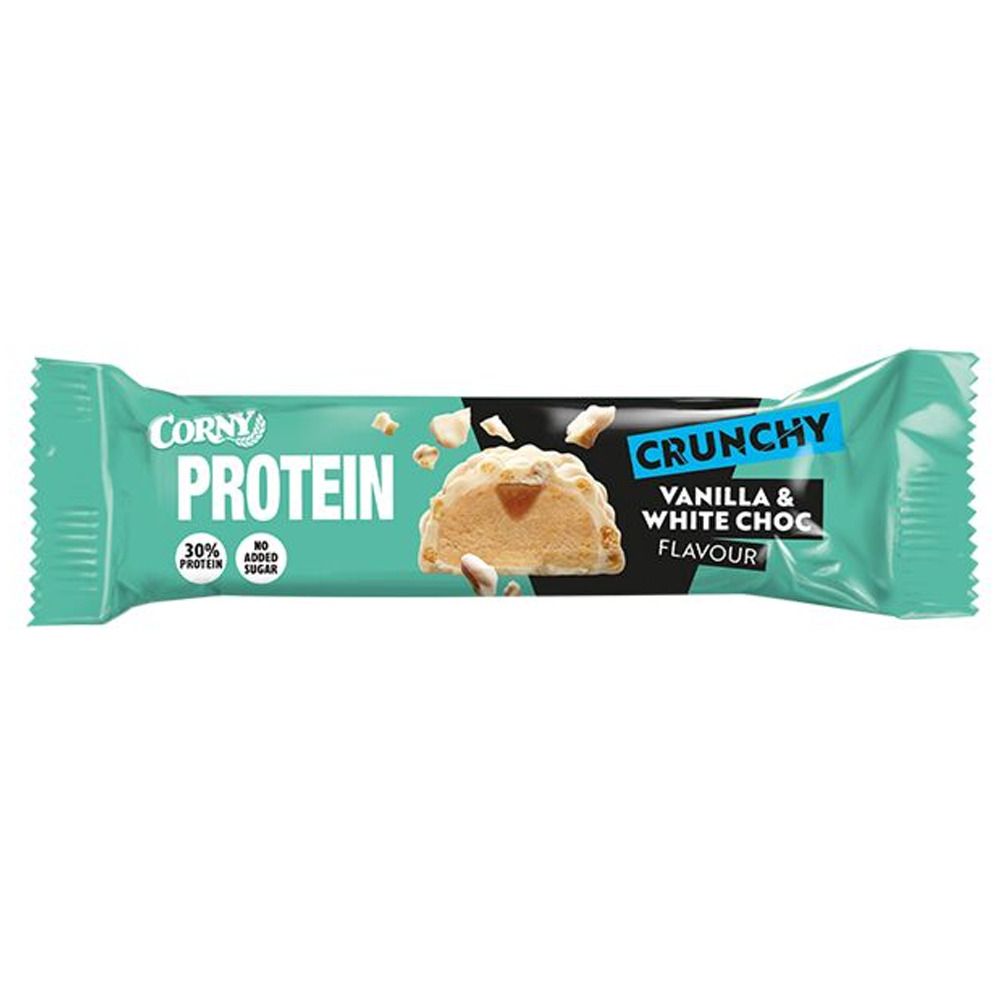 Barre CORNY Protein Crunchy emballée en vert. Inscription : Protein, Crunchy, Vanilla & White Choc. 30% de protéines, sans sucre ajouté.
