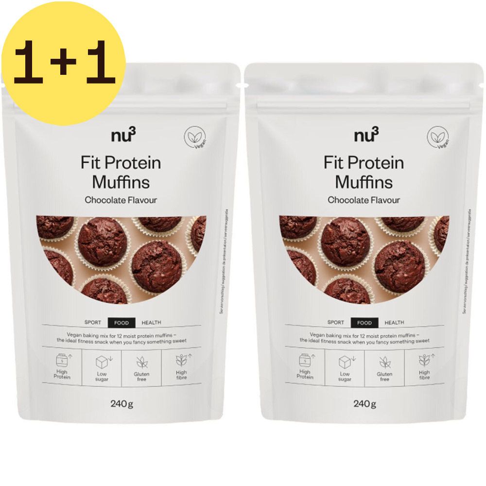 Deux sachets de nu3 Fit Protein Muffins, goût chocolat. Inscription : High Protein, Low Sugar, Gluten Free, High Fibre. 240g.