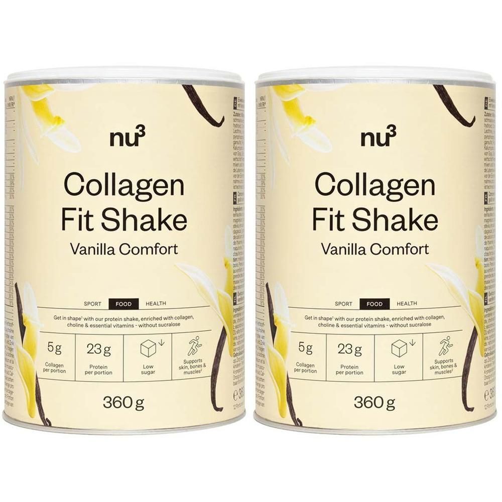 Deux boîtes de nu3 Collagen Fit Shake Vanille avec autocollant 2=1*.