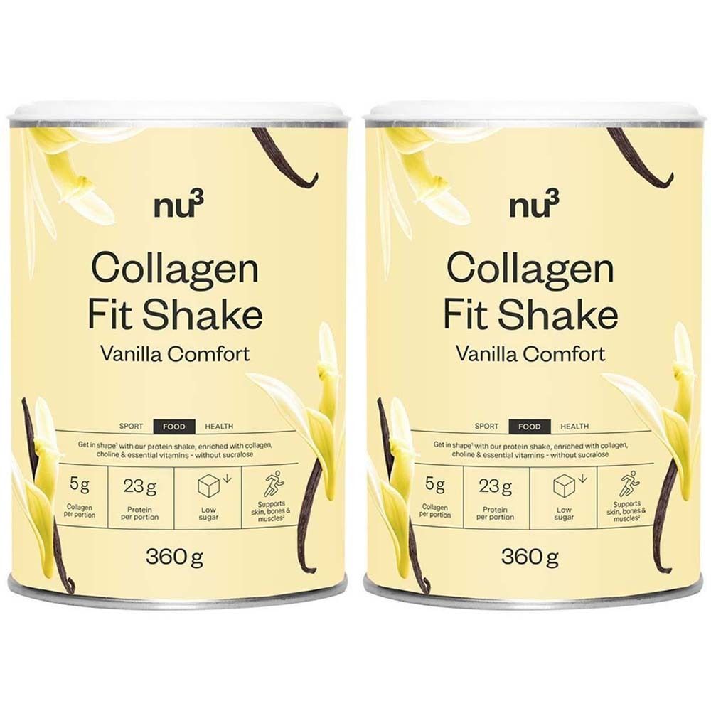 Deux boîtes de nu3 Collagen Fit Shake Vanille Comfort. Boîtes jaunes avec informations sur le produit et décorations de vanille.