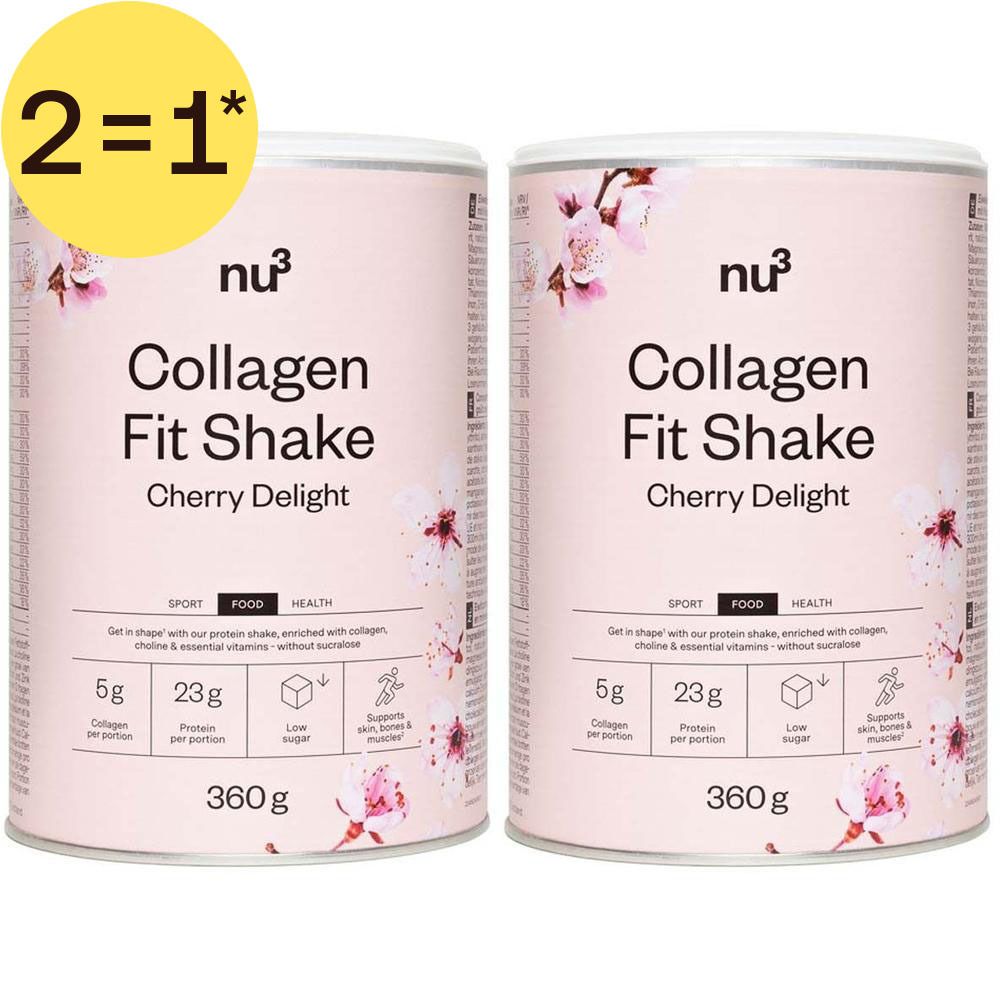 Deux boîtes de nu3 Collagen Fit Shake saveur cerise, 360g, avec autocollant "2=1".