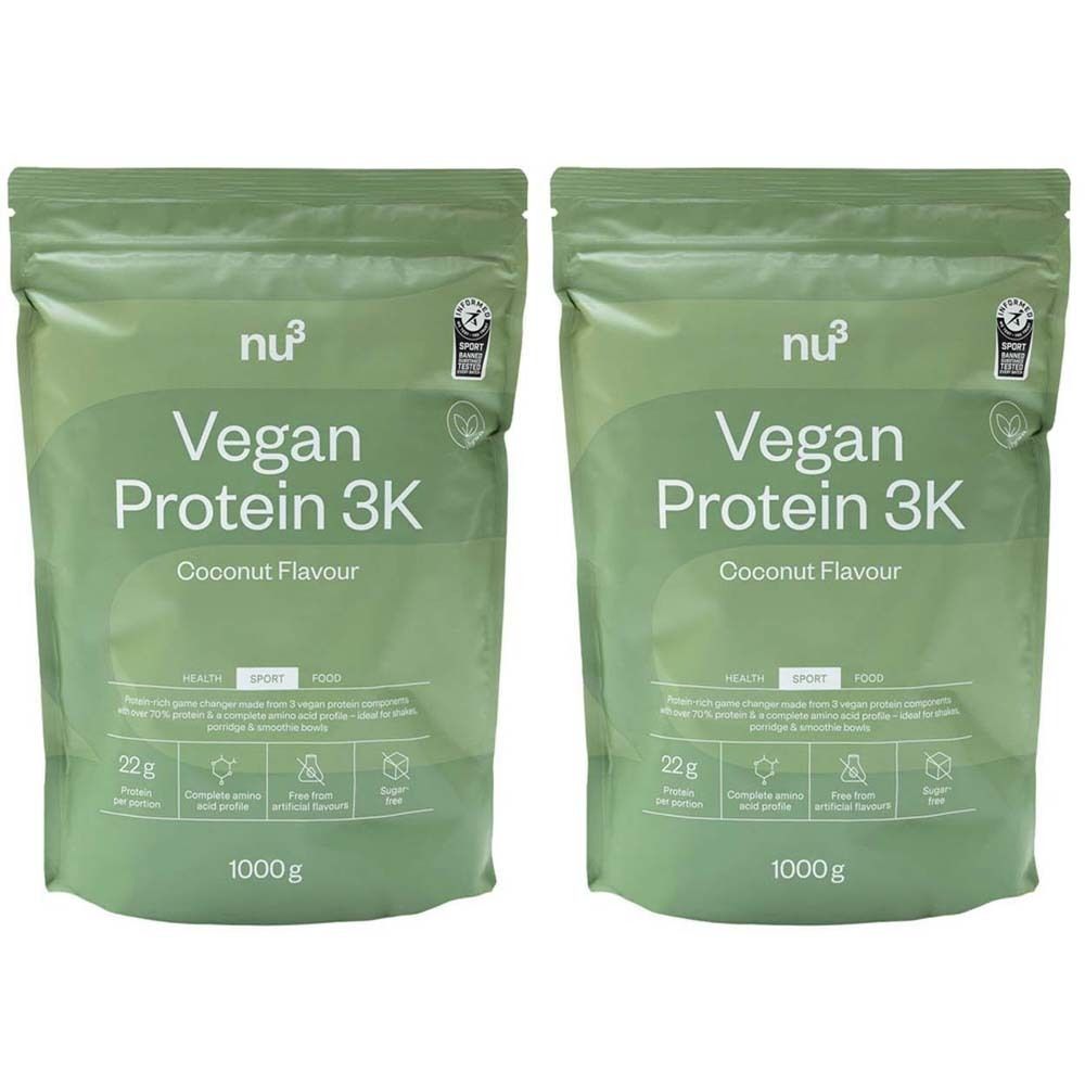 Deux paquets de nu3 Vegan Protein 3K Kokosnuss. Emballage vert avec texte blanc. 1000g. Vegan, Sport, Santé.