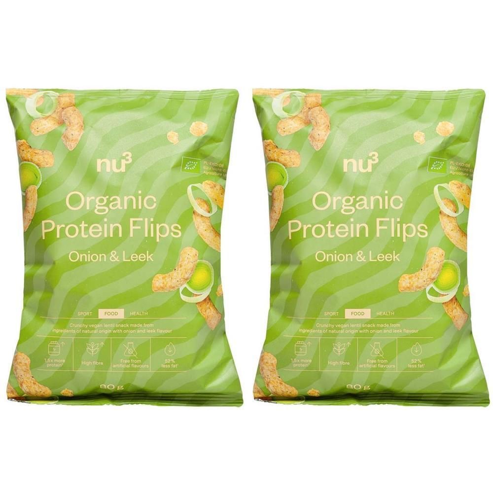 Deux paquets de nu3 Organic Protein Flips Oignon & Poireau, avec autocollant "2=1".