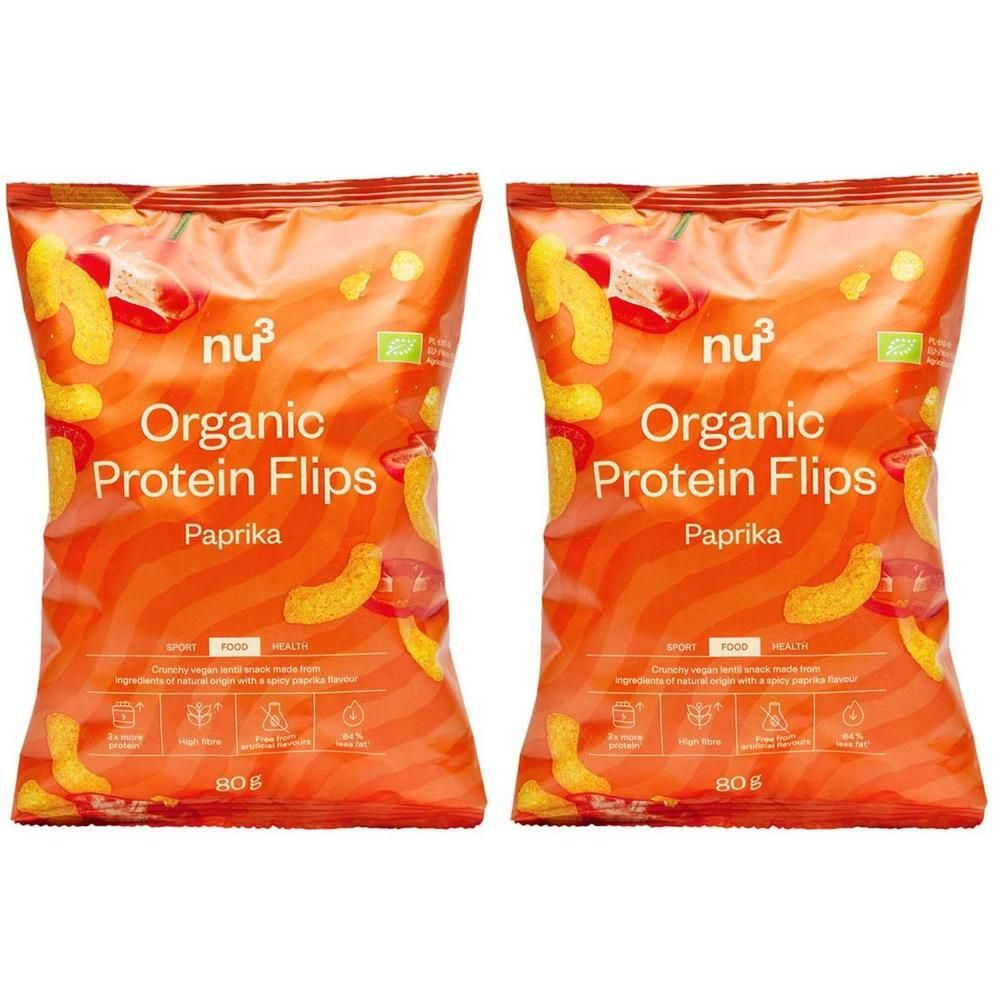 Deux paquets de nu3 Protein Flips Bio, Paprika avec promotion "2=1".
