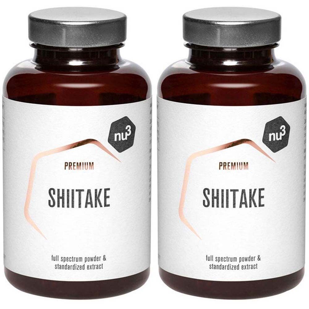 Deux flacons bruns avec des couvercles argentés. Les étiquettes indiquent "SHIITAKE" et "nu3".