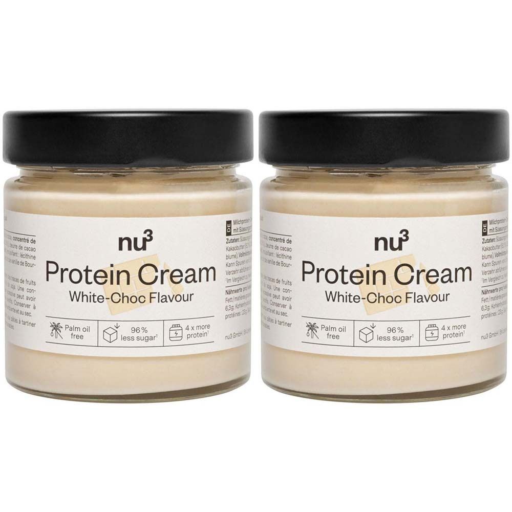 Deux pots de crème protéinée avec couvercles noirs. Inscription : nu3 Protein Cream White-Choc Flavour. Contient 96% moins de sucre et 4x plus de protéines.